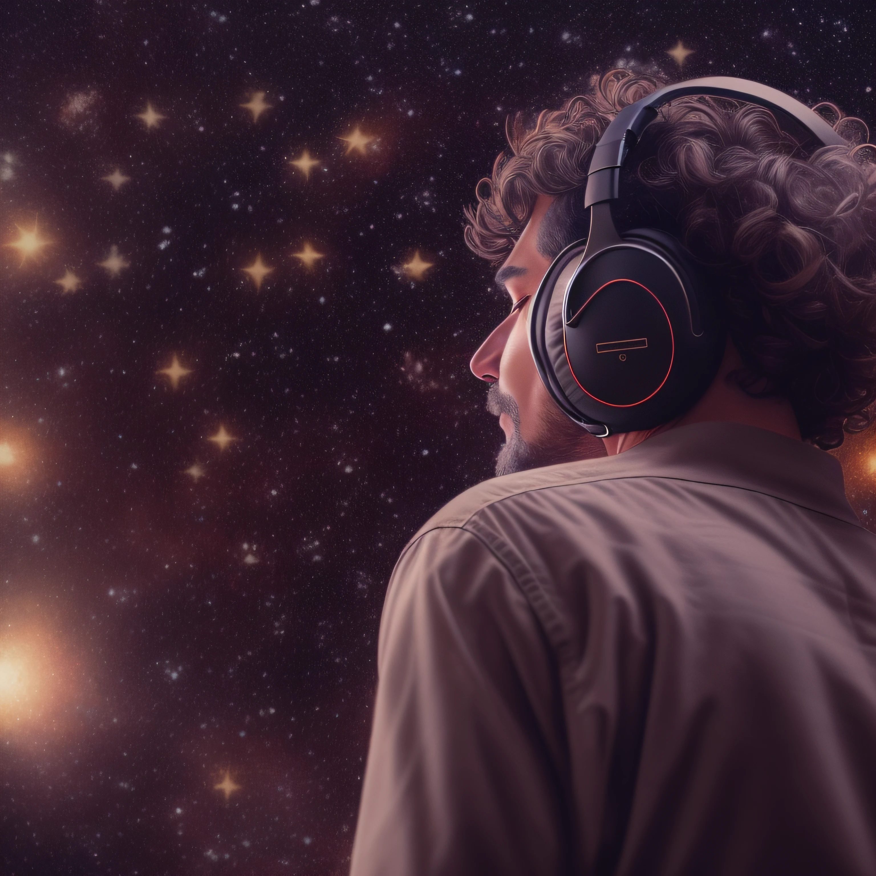 Mature man with short curly hair and large headphones over ears, from above and the back, on a smokey wide open stage facing a starry night. Photographic, cinematic, vintage