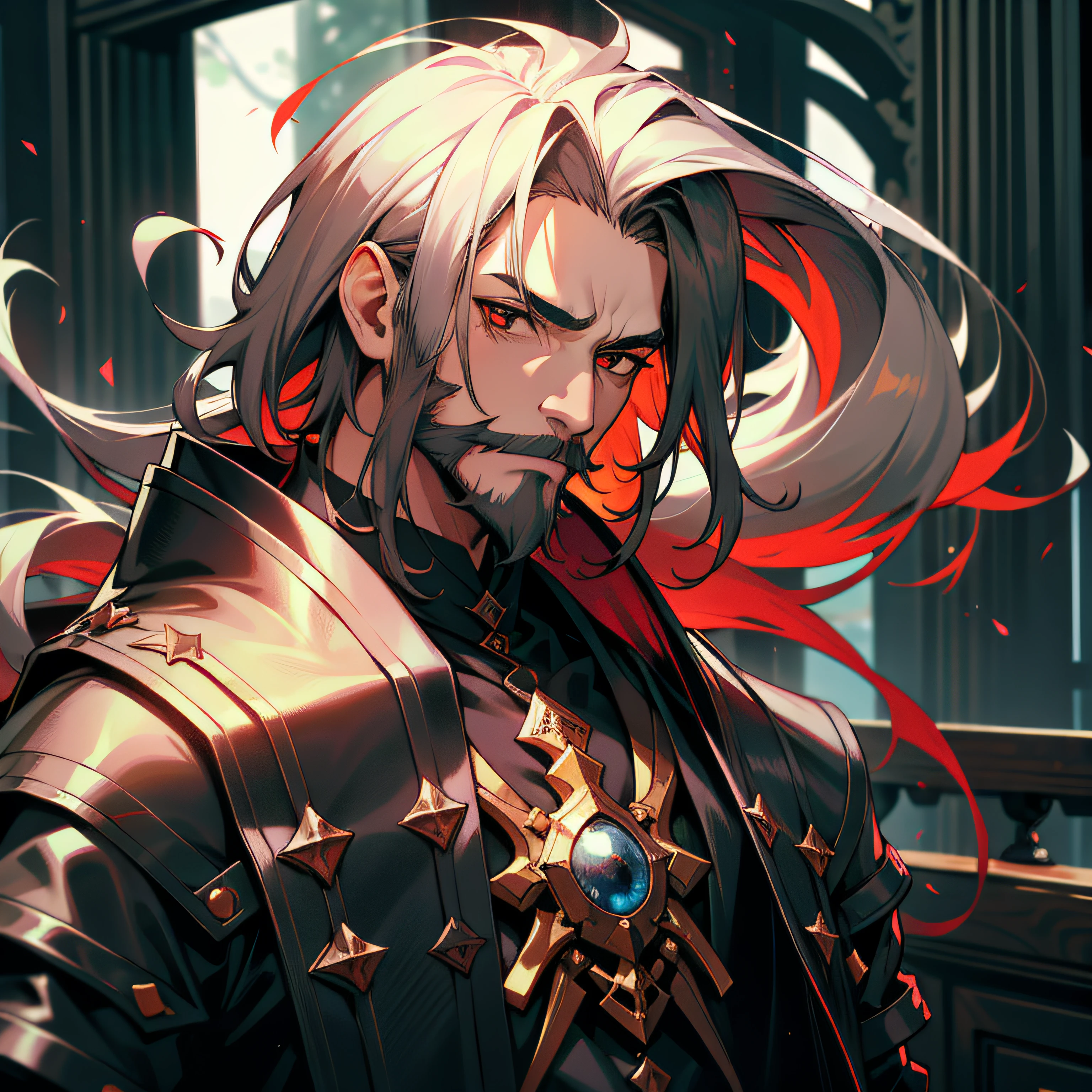 um homem, guerreiro, cabelo preto sujo e barba, fantasia escura, quimono preto detalhado, espada grande japonesa, vampiro, olhos vermelhos. INSERIR BARBA DE LENHADOR. INSERIR BIGODE.
