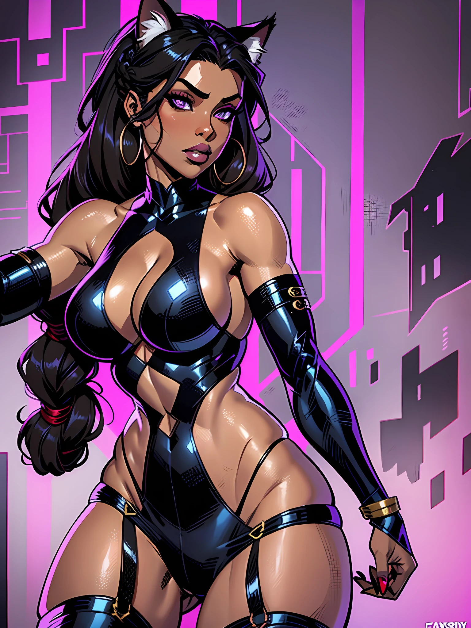 Masterpiece, Excellent, 1girl, solo, complex details, color diffusion, comic book, anime, marvel, DC, catgirl, dark skin, ebony, brown skin, dark-skinned female, thighs, cat ears, dark hair, black hair, braids, dreadlocks, braided hair, purple eyes, skimpy attire, epic attire, assassin, badass, deadly but sexy, trending, demon, goddess, Super Villain