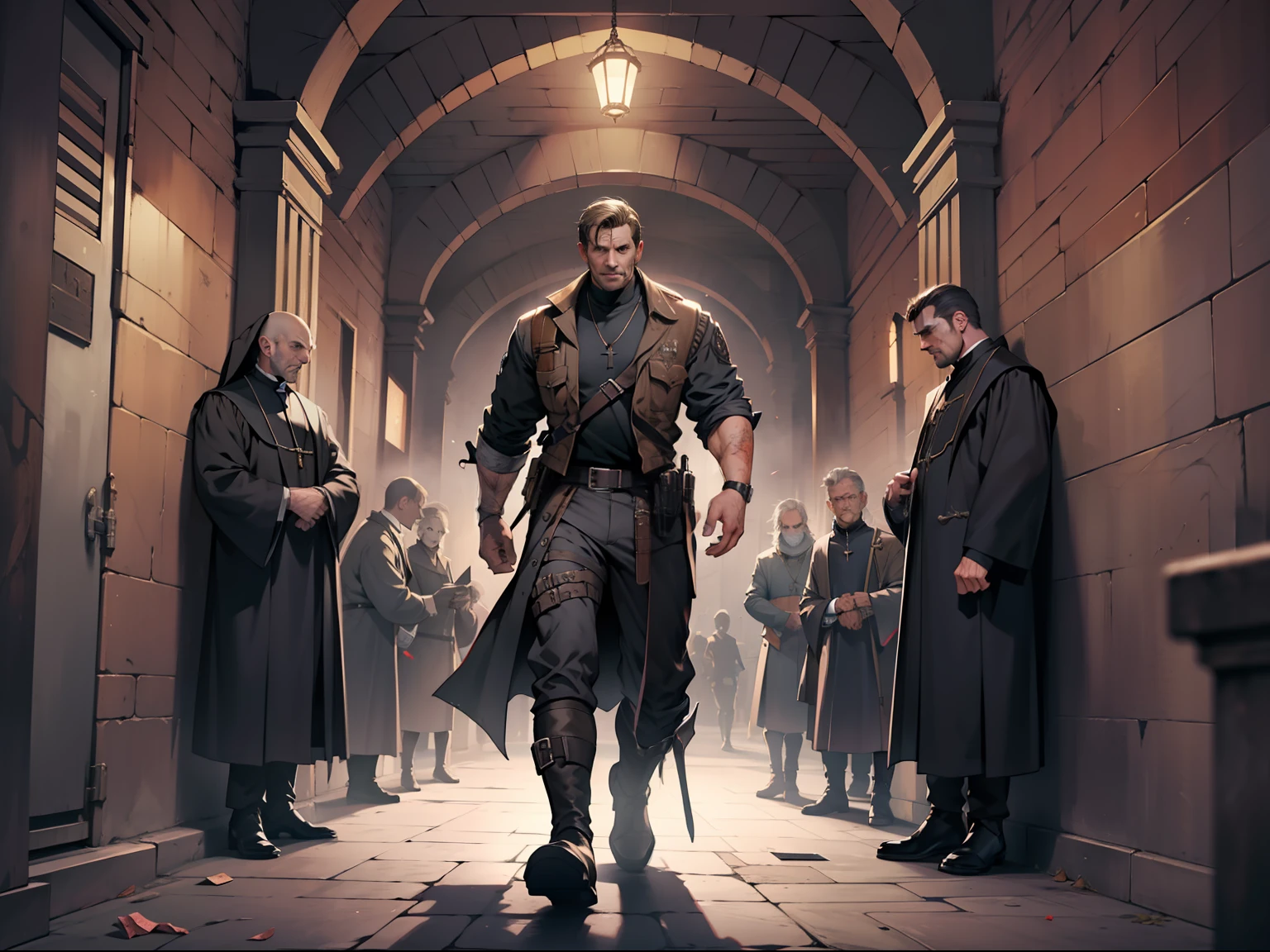 (masterwork) Very high quality, full body, Super detailed shooting, Resident Evil setting, Male clergy treat wounded male bards in dungeon corridors, 32K resolution, Best quality, Dynamic pose, actionpose, Surreal and charming.