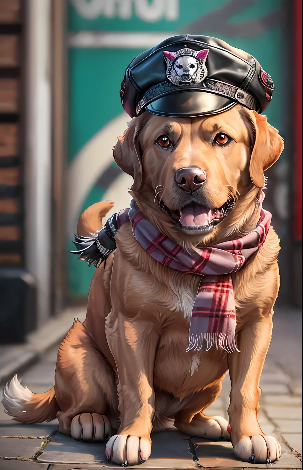 image of a cute Labrador retriever dog with hat and scarf, art season trend, dressed in punk clothes, hyper realistic detailed rendering, british gang member, urban style, intimidating pose, planet of cats, fashion clothes, samurai urban, meow, west slavic traits, 8 1 5 --auto --s2