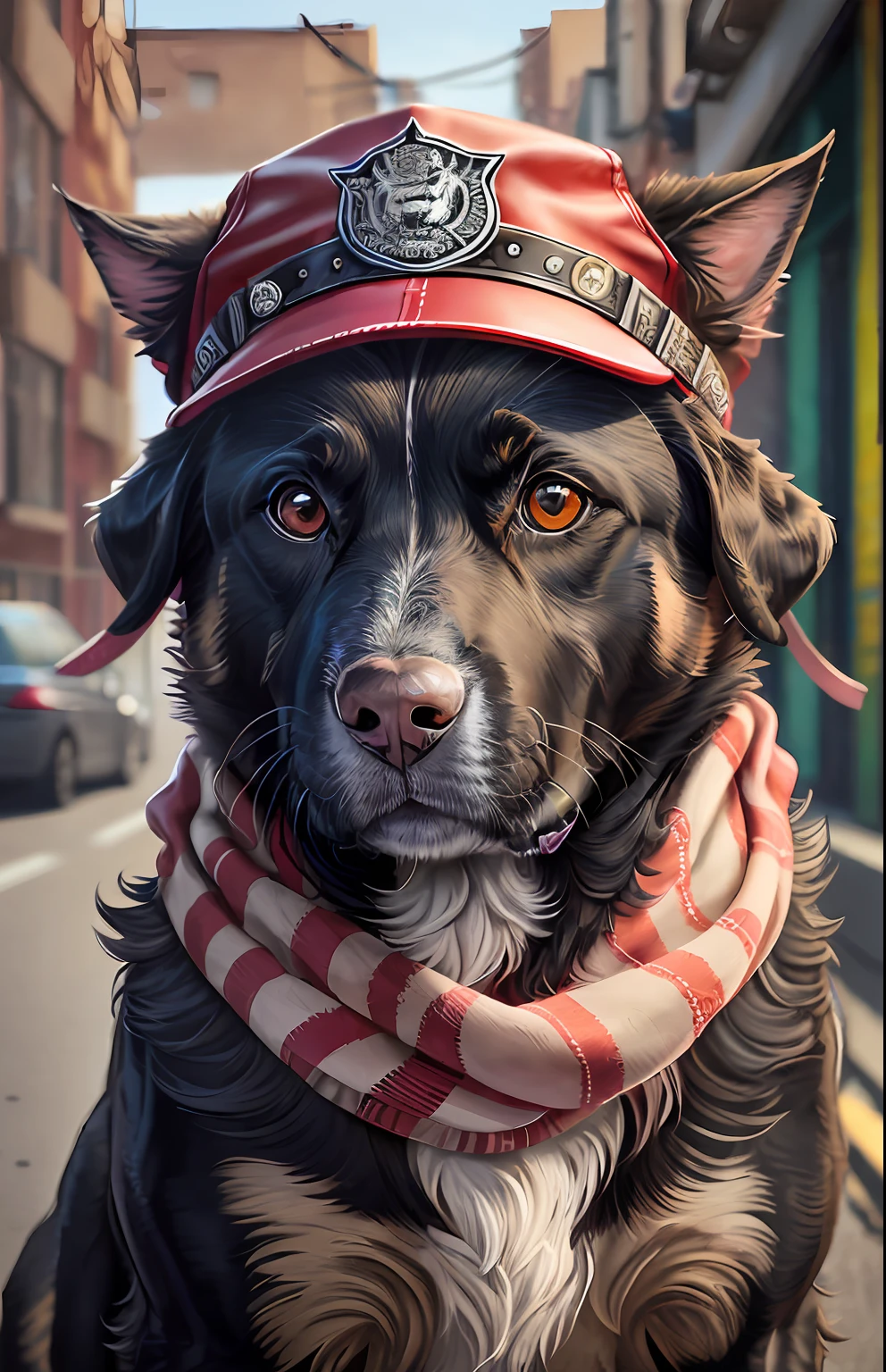 image of a cute Labrador retriever dog with hat and scarf, art season trend, dressed in punk clothes, hyper realistic detailed rendering, british gang member, urban style, intimidating pose, planet of cats, fashion clothes, samurai urban, meow, west slavic traits, 8 1 5 --auto --s2