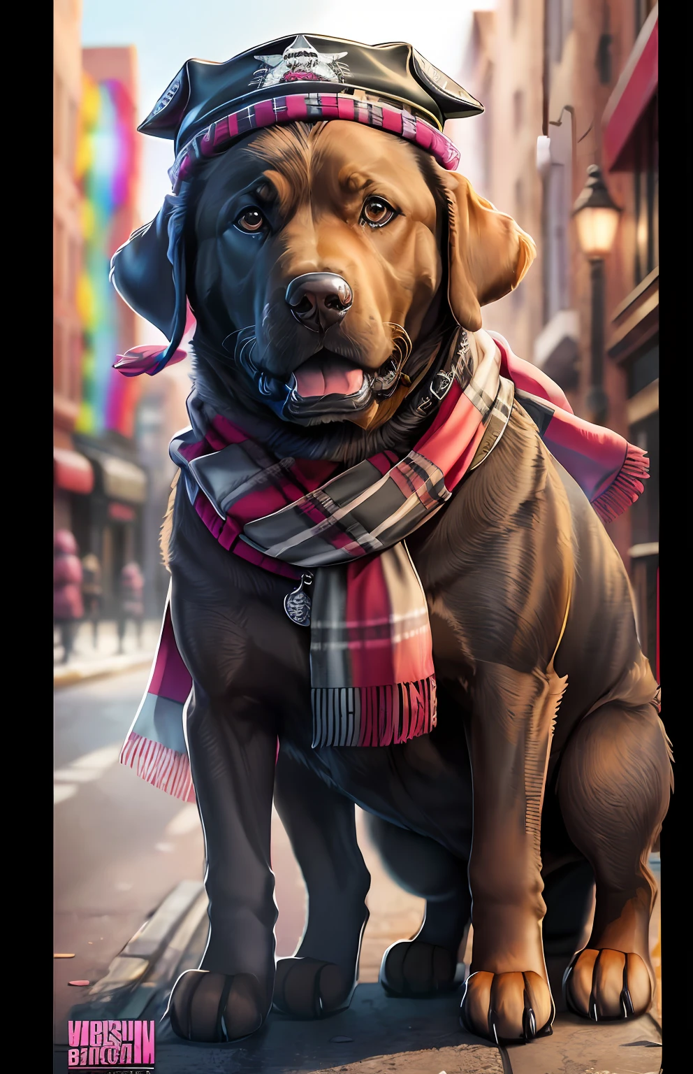 image of a cute Labrador retriever dog with hat and scarf, art season trend, dressed in punk clothes, hyper realistic detailed rendering, british gang member, urban style, intimidating pose, planet of cats, fashion clothes, samurai urban, meow, west slavic traits, 8 1 5 --auto --s2