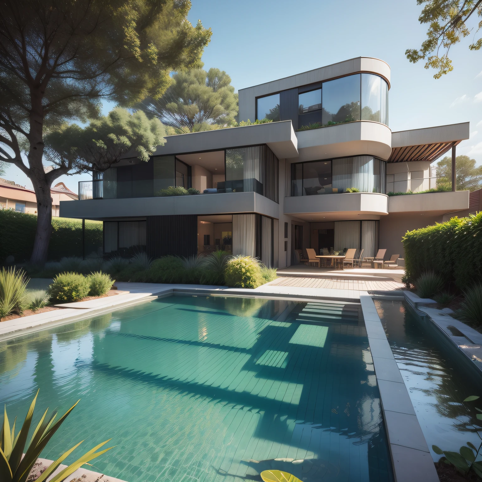 Organic modern architecture on a plot without walls and fences, Terreno bastante grande, terreno com cavalos, paisagem liver, pradaria com arvores , There is a swimming pool in the middle of a large one-story house, Concrete house with large mirrored glass, large modern residence, telhados planos e jardim, render luxcore, renderizar oktane, a photorealistic rendering, architectural render, mantra rendering, architectural render, realism rendering, architectural visualisation, piscina de bem-estar, architectural visualisation, Large green areas, com pequenas zonas de flores de lavanda, arbustos verdes tipo exuberante jardim verde, as well as small water mirrors, swimming pool embedded in an area of sand, oliveiras e pinheiros ao redor da casa, 8k ultra-realista, muito detalhe