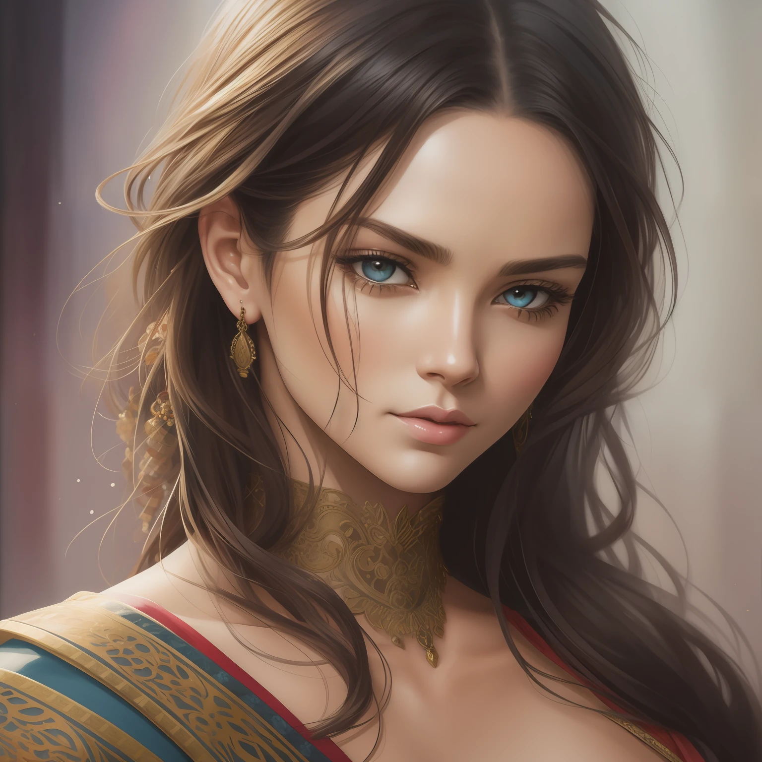 Digital art 32k, watercolour on wet, wet on wet, style by Steve Hanks, Japan, Sengoku, above waist portrait, very beautiful woman, fantasy, hyper detailed painting, complex, head and shoulders portrait, cleavage, slim model, dynamic lighting hyper detailed intricately detailed art, short black hair, intricate high detail crisp quality colorful natural skin texture, cinematic lighting , high resolution, intricate details, detailed face