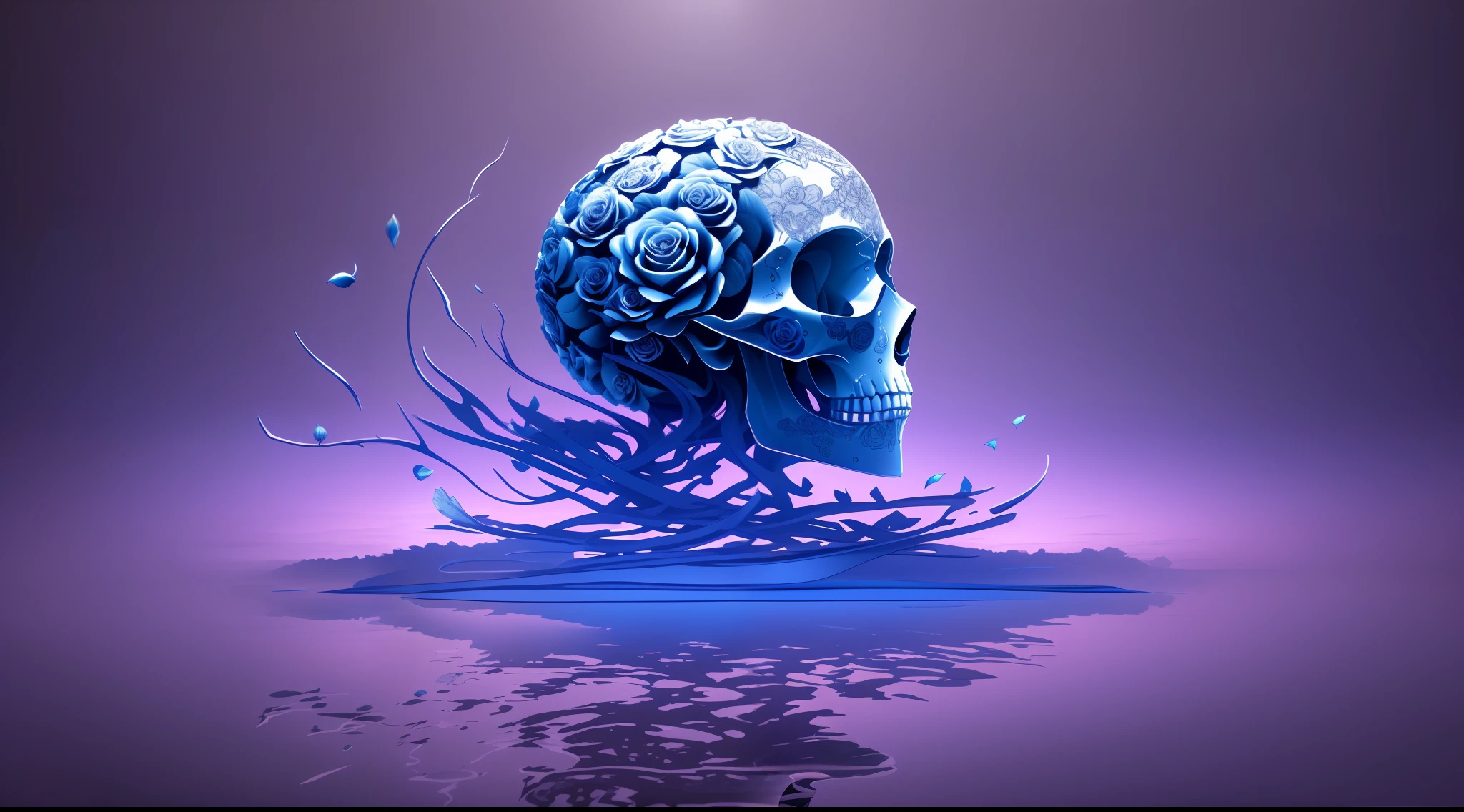 "Imagine a mysterious skull, adorned with intricate designs that dance across its surface. On it, 3D sculpted roses stand out, displaying a delicate, almost palpable texture. The petals appear in contrast to the cool colors that dominate the scene. Intertwined leaves dance in a sinuous ballet, bringing freshness and movement to the environment. The scenery is painted in shades of deep blue and enigmatic purple, revealing subtle reflections and a delicate light filtered through the shadows. In this composition, the duality between shadow and beauty creates a unique harmony, awakening the senses and inviting reflection on the mysteries of human existence."