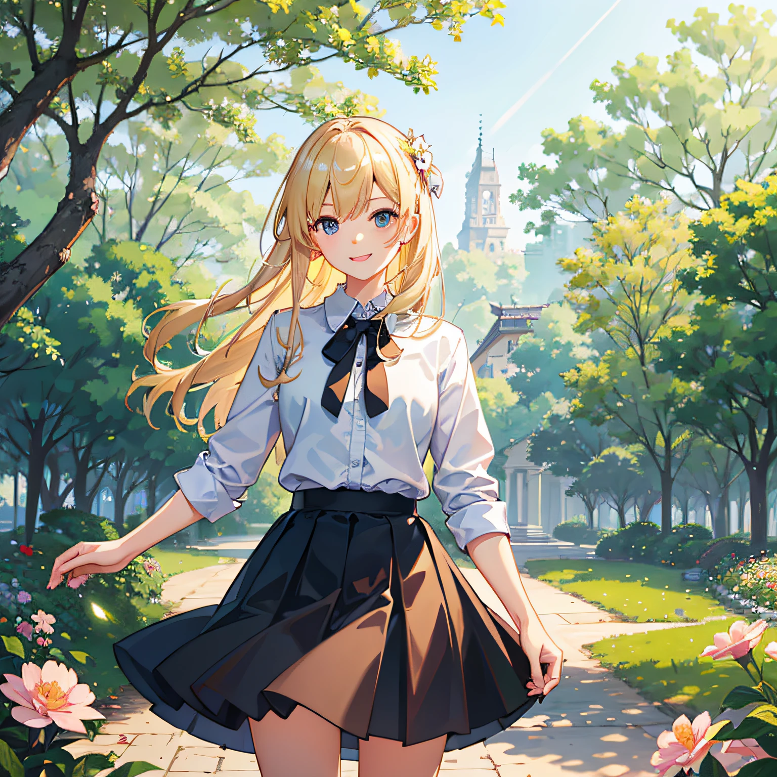 A smiling young girl，in a skirt，Flowers bloom all around，Towering trees in the background，Sunlight shines through the leaves，Backlight，Shiny blonde hair。