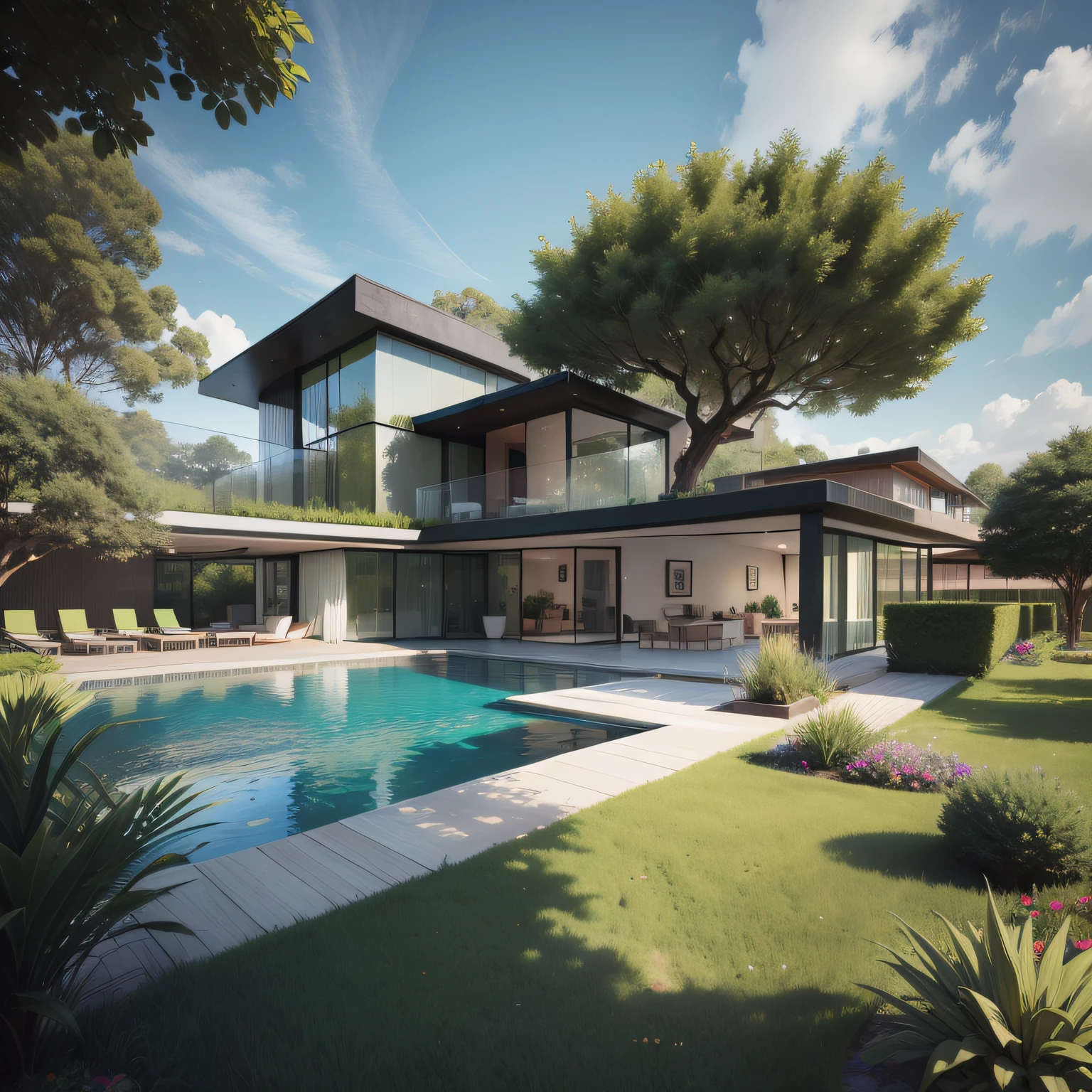Organic modern architecture on a plot without walls and fences, Terreno bastante grande, terreno com cavalos, paisagem liver, pradaria com arvores , There is a swimming pool in the middle of a large one-story house, Concrete house with large mirrored glass, large modern residence, telhados planos e jardim, render luxcore, renderizar oktane, a photorealistic rendering, architectural render, mantra rendering, architectural render, realism rendering, architectural visualisation, piscina de bem-estar, architectural visualisation, Large green areas, com pequenas zonas de flores de lavanda, arbustos verdes tipo exuberante jardim verde, as well as small water mirrors, swimming pool embedded in an area of sand, oliveiras e pinheiros ao redor da casa, 8k ultra-realista, muito detalhe