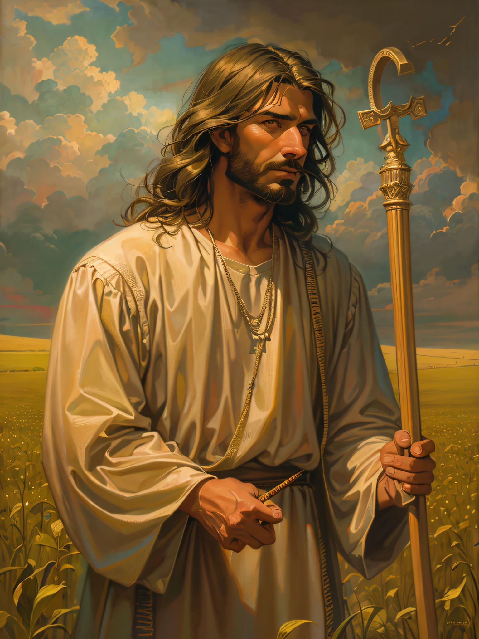 Painting of a man with a cane in a field, Greg Olsen, jesus christ, Retrato de Jesucristo, jesus of nazareth, Jesus, Uno de los tejedores del destino, Vestido como Jesucristo, the lord and savior, god looking at me, Joven Dios Todopoderoso, gigachad jesus, Arte cristiano, por Scott Gustafson, por Thomas Blackshear