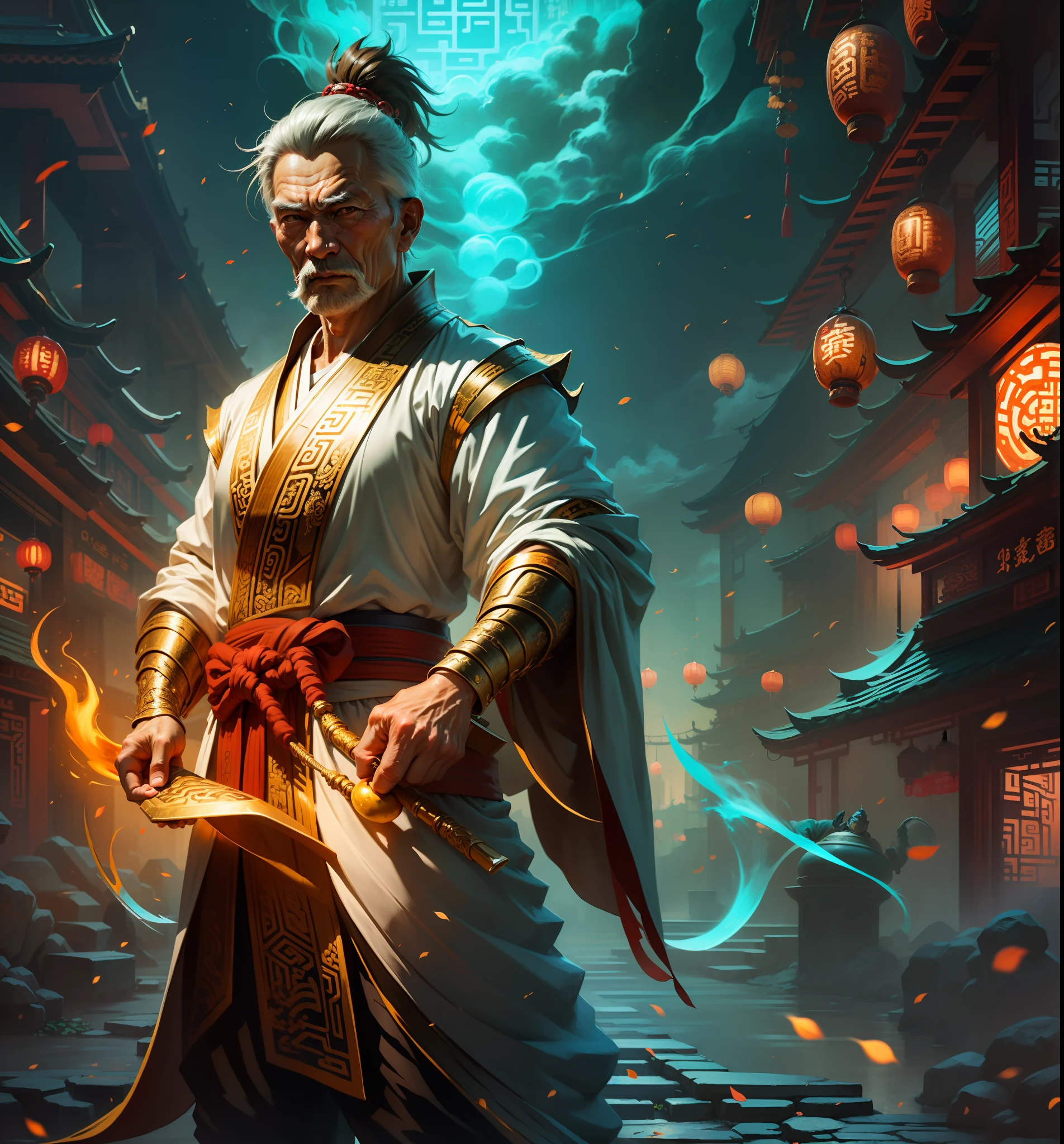 The old man with Chinese style holds the ingot,Wearing golden-red Tang Dynasty clothes