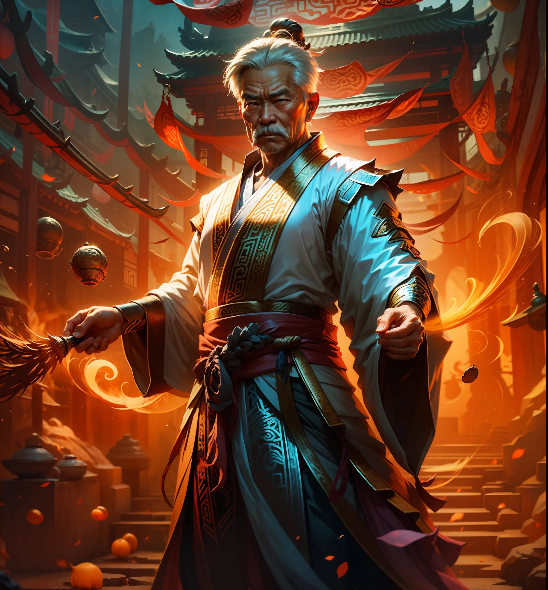 The old man with Chinese style holds the ingot,Wearing golden-red Tang Dynasty clothes