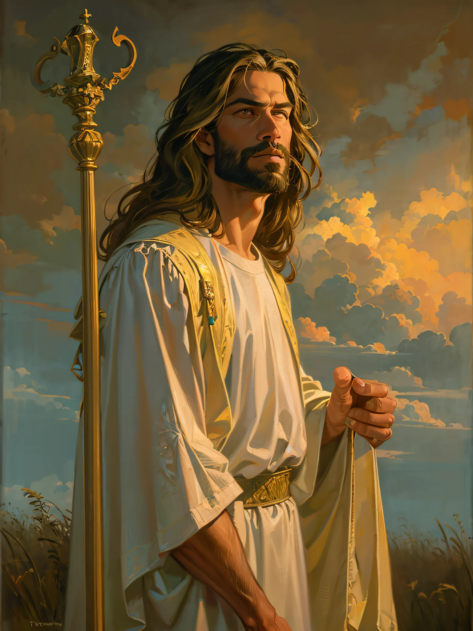 Painting of a man with a cane in a field, Greg Olsen, jesus christ, Retrato de Jesucristo, jesus of nazareth, Jesus, Uno de los tejedores del destino, Vestido como Jesucristo, the lord and savior, god looking at me, Joven Dios Todopoderoso, gigachad jesus, Arte cristiano, por Scott Gustafson, por Thomas Blackshear