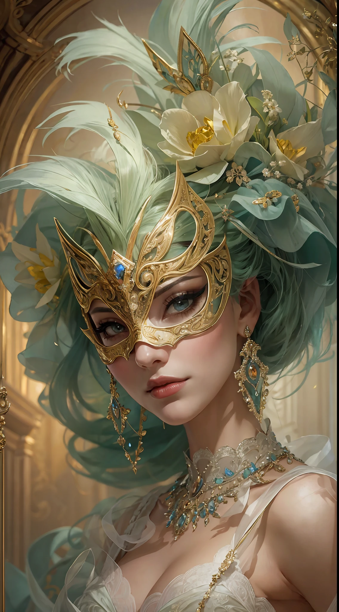 This image should be mysterious and realistically detailed, with high quality artwork. Generate a proud, beautiful woman from the 18th century wearing a stunning and intricately detailed silk ballgown adorned with lace and jewels. She is in the midst of an elegant masquerade ball at Versailles and surrounded by music, royal decor, and expensive details. ((The woman has an exquisite and ornate masquerade mask inspired by fantasy mythology.)) Her face is intricately detailed and realistic with puffy lips and a big mouth. Important: her eyes are important and are beautiful, with many realistic details, realistic shading, and multiple colors and shades. The setting is a magnificent masquerade ball, where aristocrats, socialites, and mysterious guests from far-flung lands gather for an unforgettable evening. From Venetian masks to elaborate feathered creations, each guest's disguise reflects their unique persona and unspoken desires. Immerse yourself in the allure of this 19th-century masquerade ball, where the elegance of a bygone era and the mystery of the masks combine to create an enchanting experience that will linger in your heart forever. Utilize dynamic composition to interest viewers. (((masterpiece))), intricate, elegant, highly detailed, majestic, digital photography, art by artgerm and ruan jia and greg rutkowski, (masterpiece, finely detailed beautiful eyes: 1.2), hdr, realistic skin texture, (((1woman))), (((solo)))