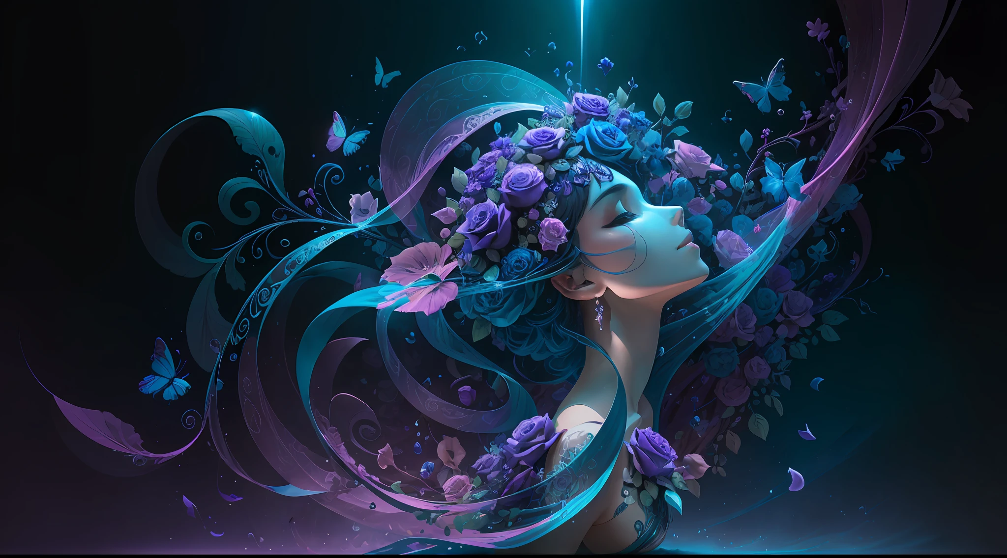 "Imagine a mysterious skull, adorned with intricate designs that dance across its surface. On it, 3D sculpted roses stand out, displaying a delicate, almost palpable texture. The petals appear in contrast to the cool colors that dominate the scene. Intertwined leaves dance in a sinuous ballet, bringing freshness and movement to the environment. The scenery is painted in shades of deep blue and enigmatic purple, revealing subtle reflections and a delicate light filtered through the shadows. In this composition, the duality between shadow and beauty creates a unique harmony, awakening the senses and inviting reflection on the mysteries of human existence." --auto --s2