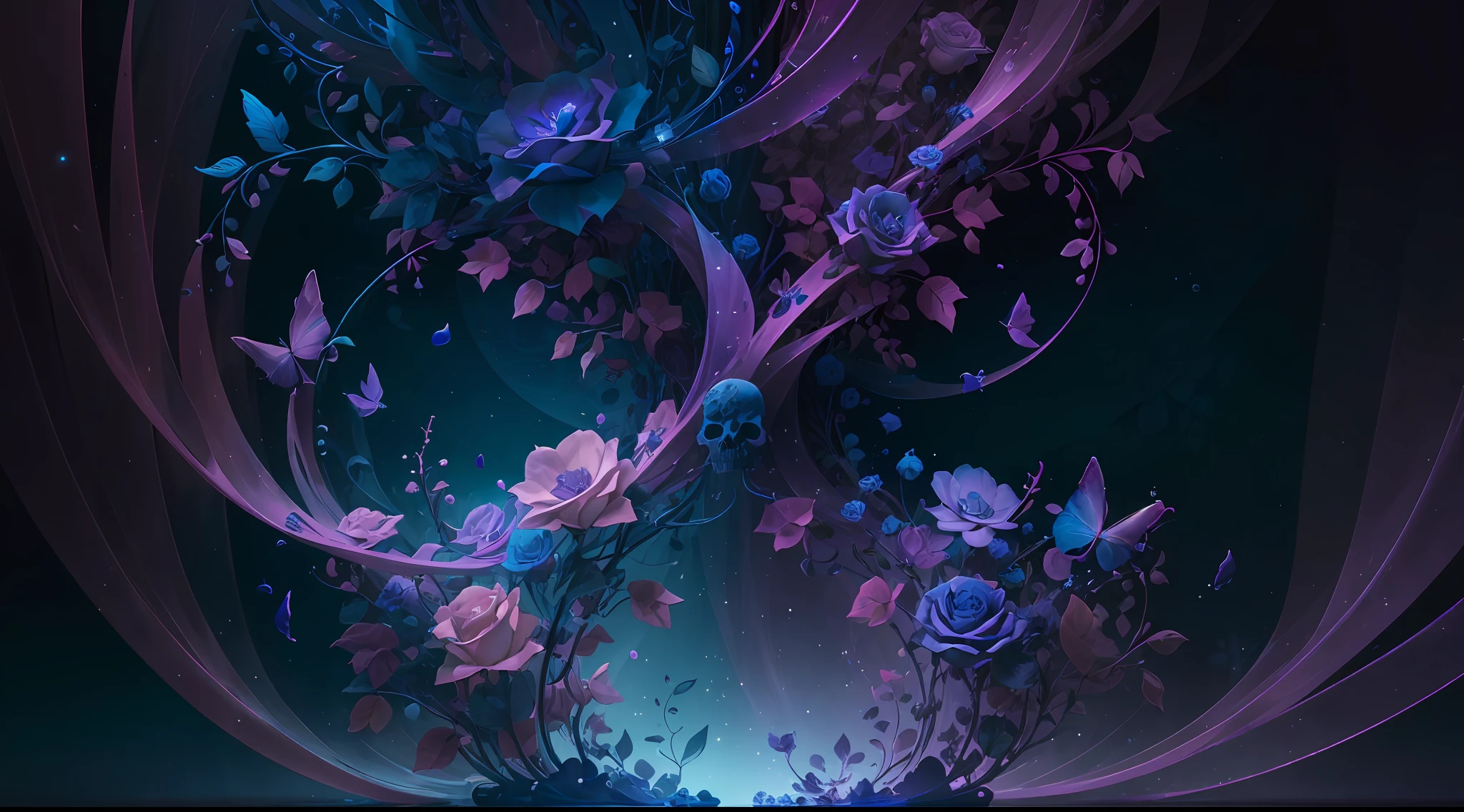 "Imagine a mysterious skull, adorned with intricate designs that dance across its surface. On it, 3D sculpted roses stand out, displaying a delicate, almost palpable texture. The petals appear in contrast to the cool colors that dominate the scene. Intertwined leaves dance in a sinuous ballet, bringing freshness and movement to the environment. The scenery is painted in shades of deep blue and enigmatic purple, revealing subtle reflections and a delicate light filtered through the shadows. In this composition, the duality between shadow and beauty creates a unique harmony, awakening the senses and inviting reflection on the mysteries of human existence." --auto --s2