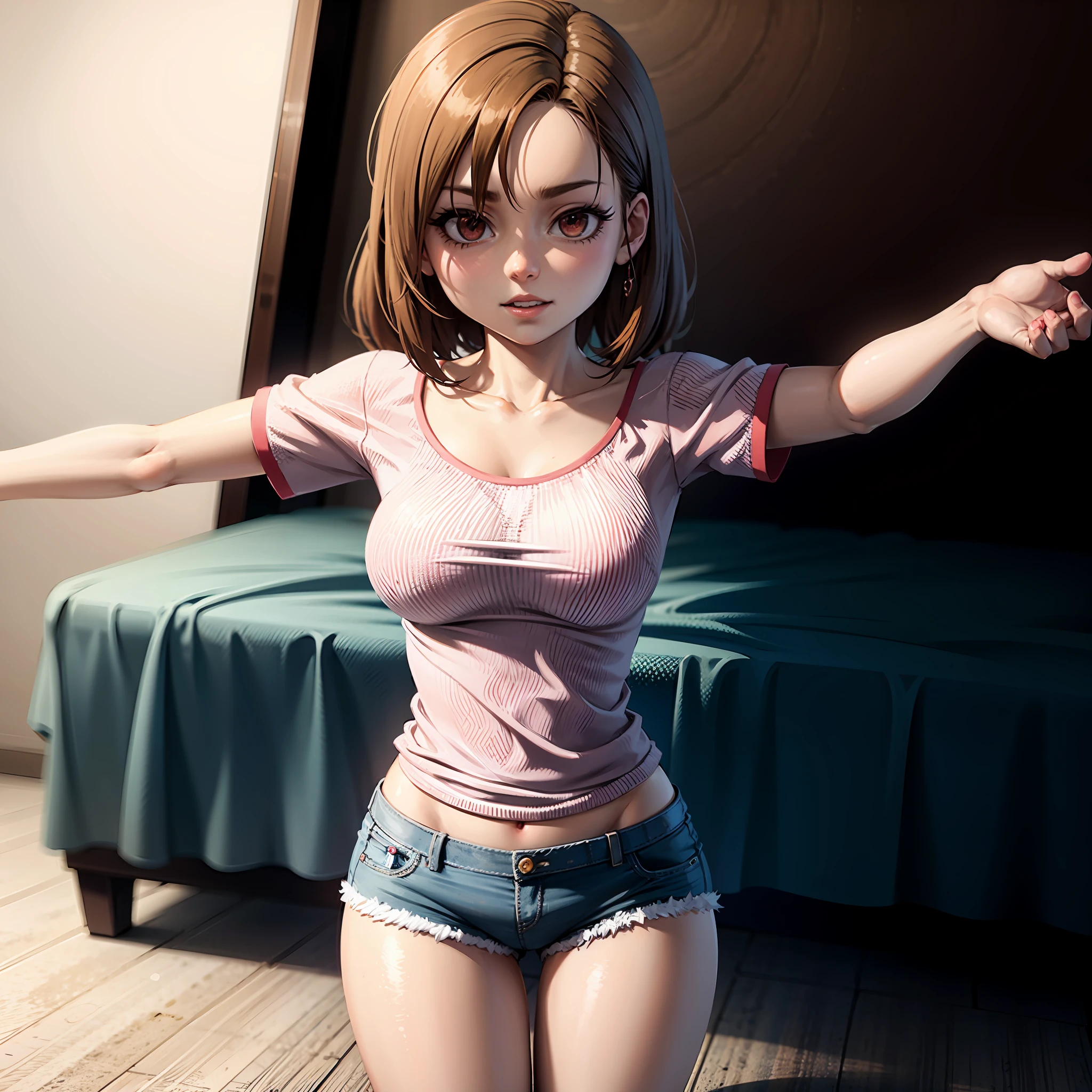 There's a woman posing in a pink shirt and jean shorts., ****** anime sedutora, ****** anime na vida real, Anime Garota Cosplay, anime hiper realista, Estilo anime 3D realista, trending at cgstation, mulher bonita sedutora do anime, corpo perfeito fotorrealista, Pose casual, cosplay realista, anime fotorrealista, ****** anime atraente, aluna hiperrealista