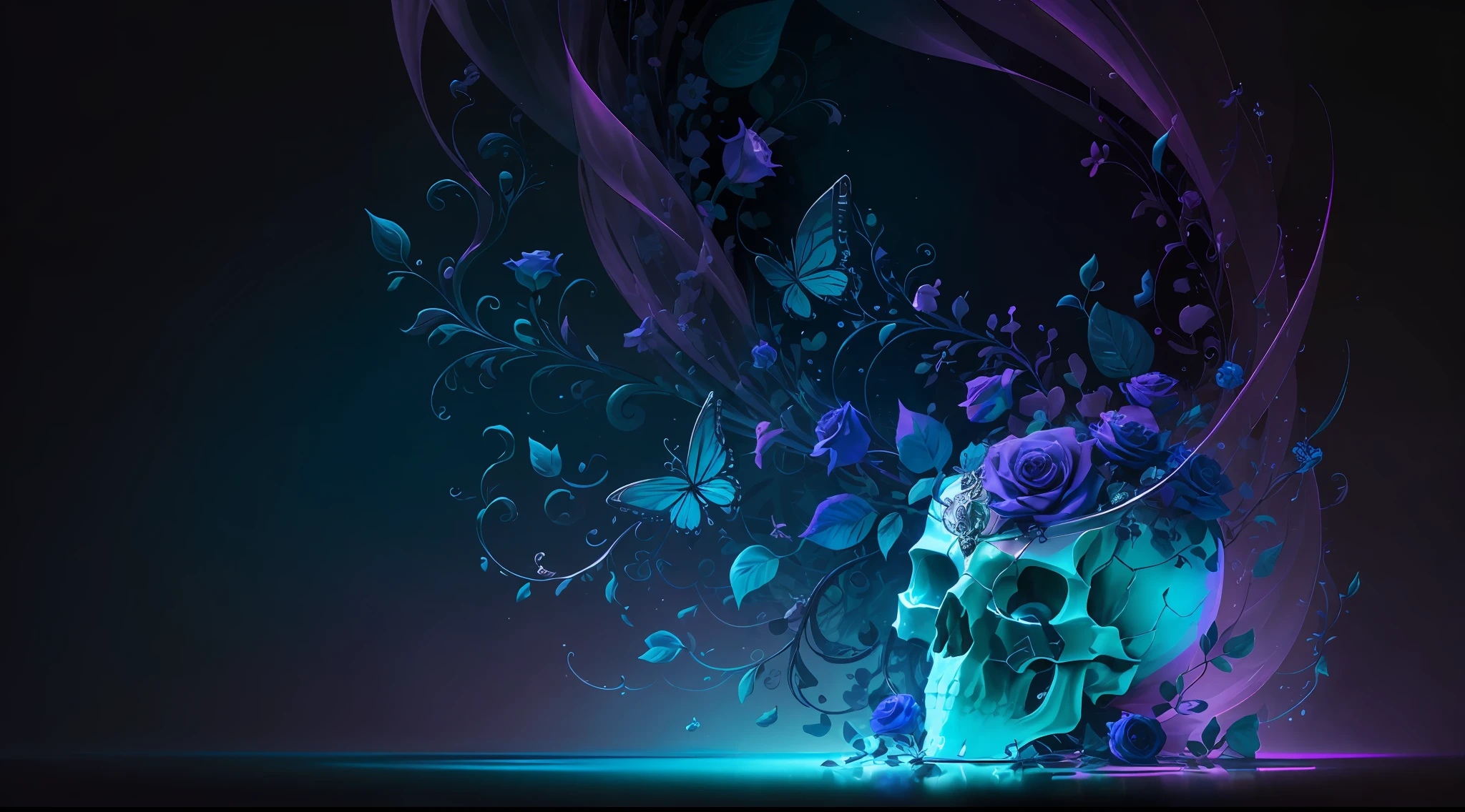 "Imagine a mysterious skull, adorned with intricate designs that dance across its surface. On it, 3D sculpted roses stand out, displaying a delicate, almost palpable texture. The petals appear in contrast to the cool colors that dominate the scene. Intertwined leaves dance in a sinuous ballet, bringing freshness and movement to the environment. The scenery is painted in shades of deep blue and enigmatic purple, revealing subtle reflections and a delicate light filtered through the shadows. In this composition, the duality between shadow and beauty creates a unique harmony, awakening the senses and inviting reflection on the mysteries of human existence." --auto --s2