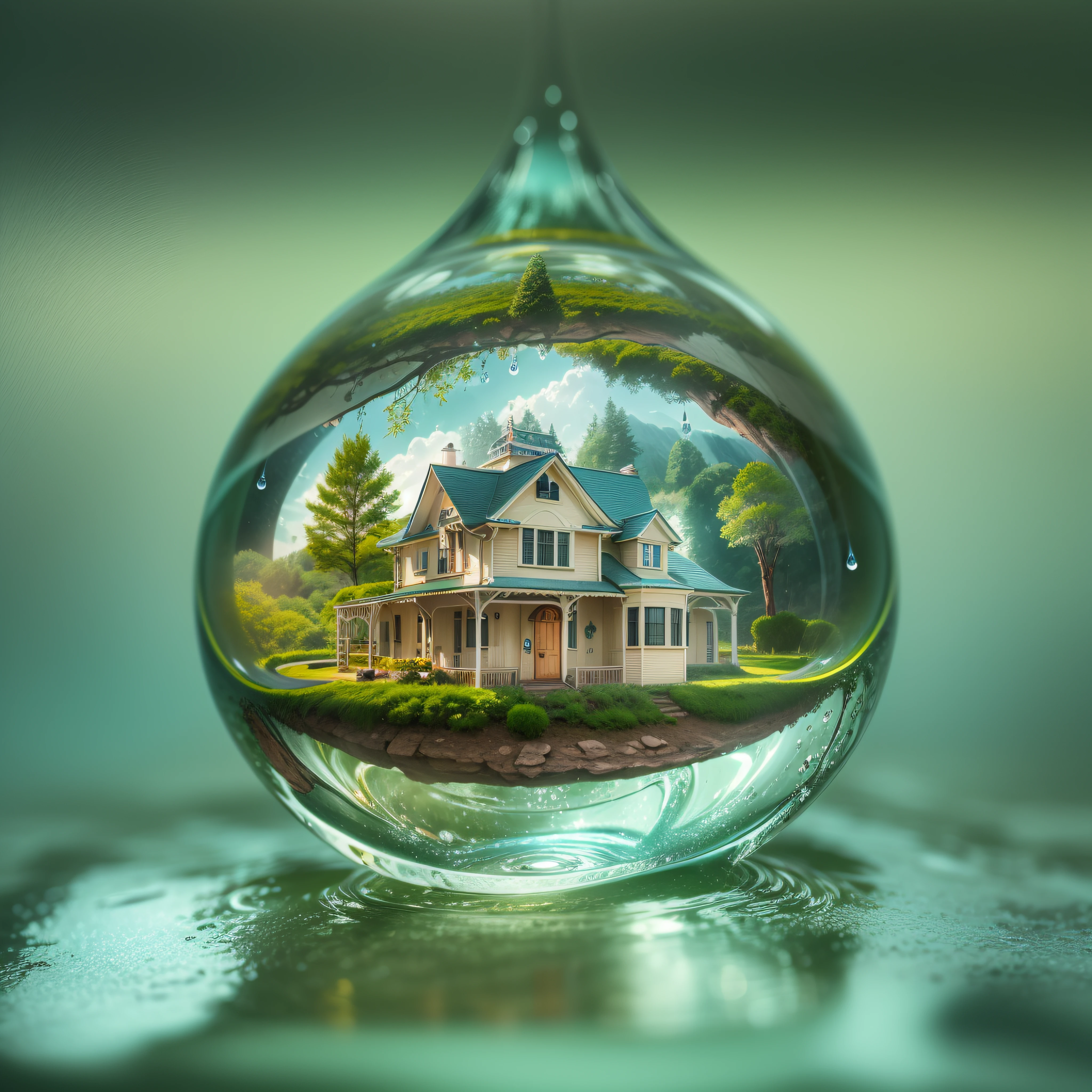 macro photography, lens ball photography, Image of a beautiful house inside a water drop, droste effect photography, surreal photography