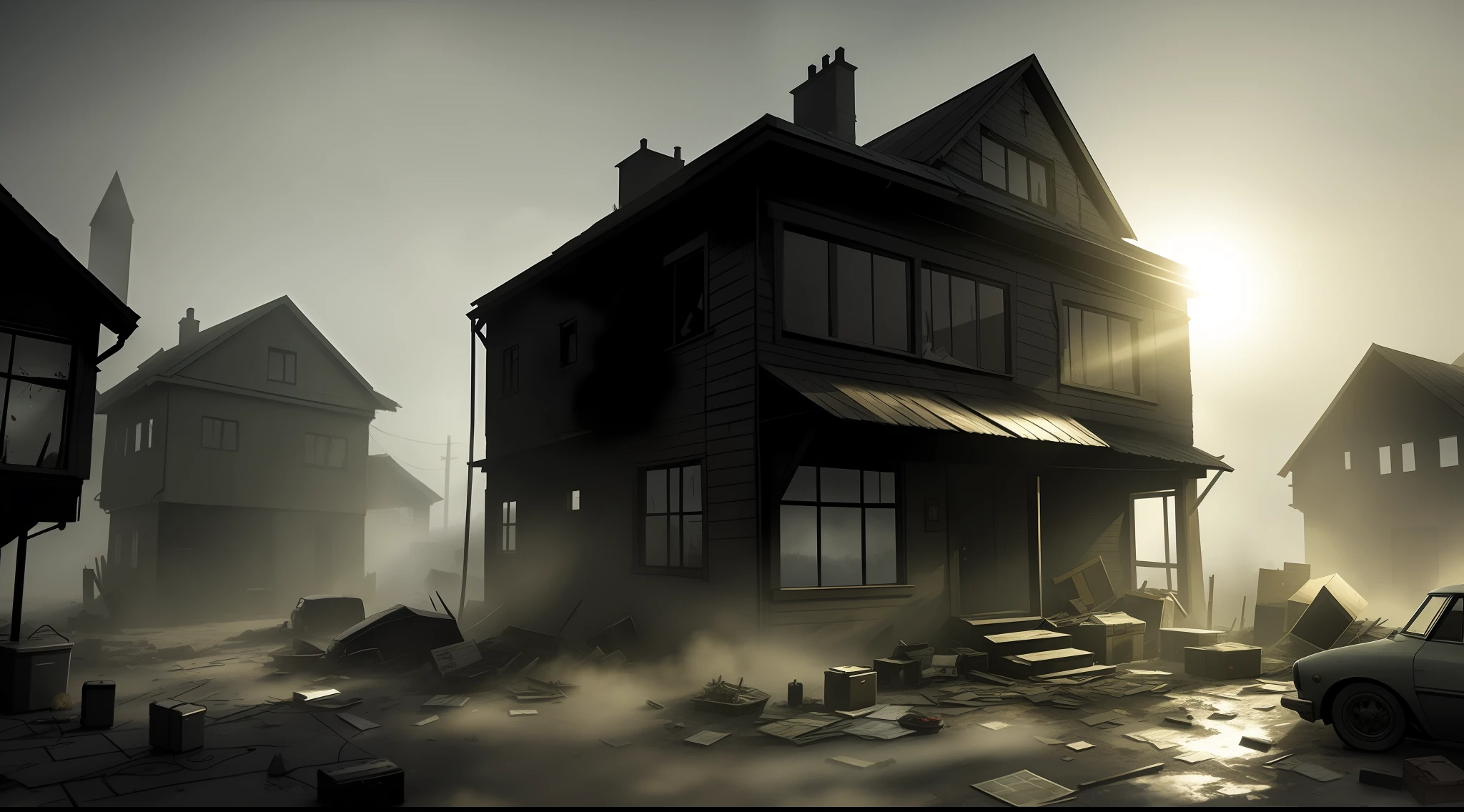 a half destroyed house, rare rays of the sun, artstation, this war of mine style, TWOM, survival, volumetric fog, detailed