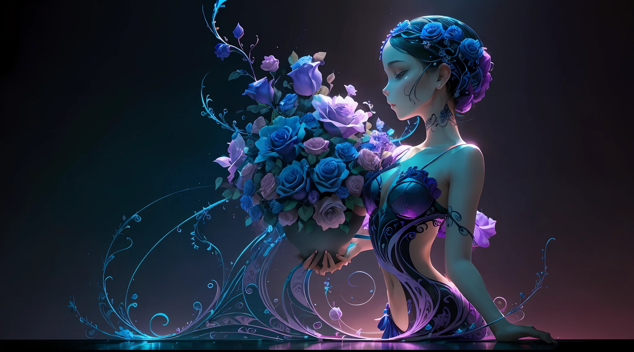 "Imagine a mysterious skull, adorned with intricate designs that dance across its surface. On it, 3D sculpted roses stand out, displaying a delicate, almost palpable texture. The petals appear in contrast to the cool colors that dominate the scene. Intertwined leaves dance in a sinuous ballet, bringing freshness and movement to the environment. The scenery is painted in shades of deep blue and enigmatic purple, revealing subtle reflections and a delicate light filtered through the shadows. In this composition, the duality between shadow and beauty creates a unique harmony, awakening the senses and inviting reflection on the mysteries of human existence." --auto --s2