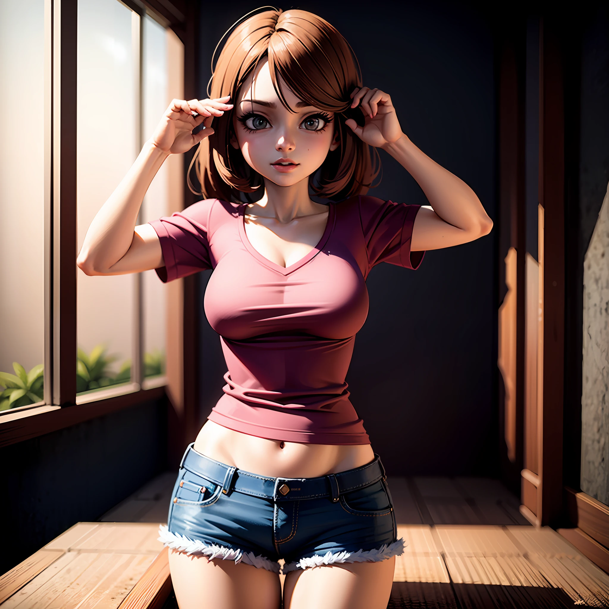 There's a woman posing in a pink shirt and jean shorts., ****** anime sedutora, ****** anime na vida real, Anime Garota Cosplay, anime hiper realista, Estilo anime 3D realista, trending at cgstation, mulher bonita sedutora do anime, corpo perfeito fotorrealista, Pose casual, cosplay realista, anime fotorrealista, ****** anime atraente, aluna hiperrealista