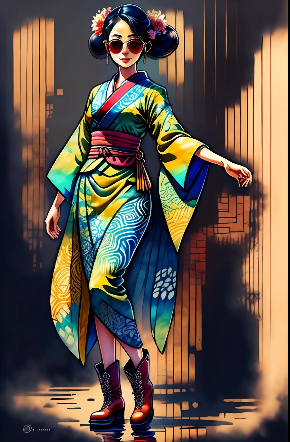 "Full body, water colors, ink drawing, beautiful Indonesian woman, kimono batik patterns, wearing smart digital sunglasses, smart digital boots, (Full Body Shot), Indonesian Batik background, in the style of Indonesian Batik Culture, Indonesian Art