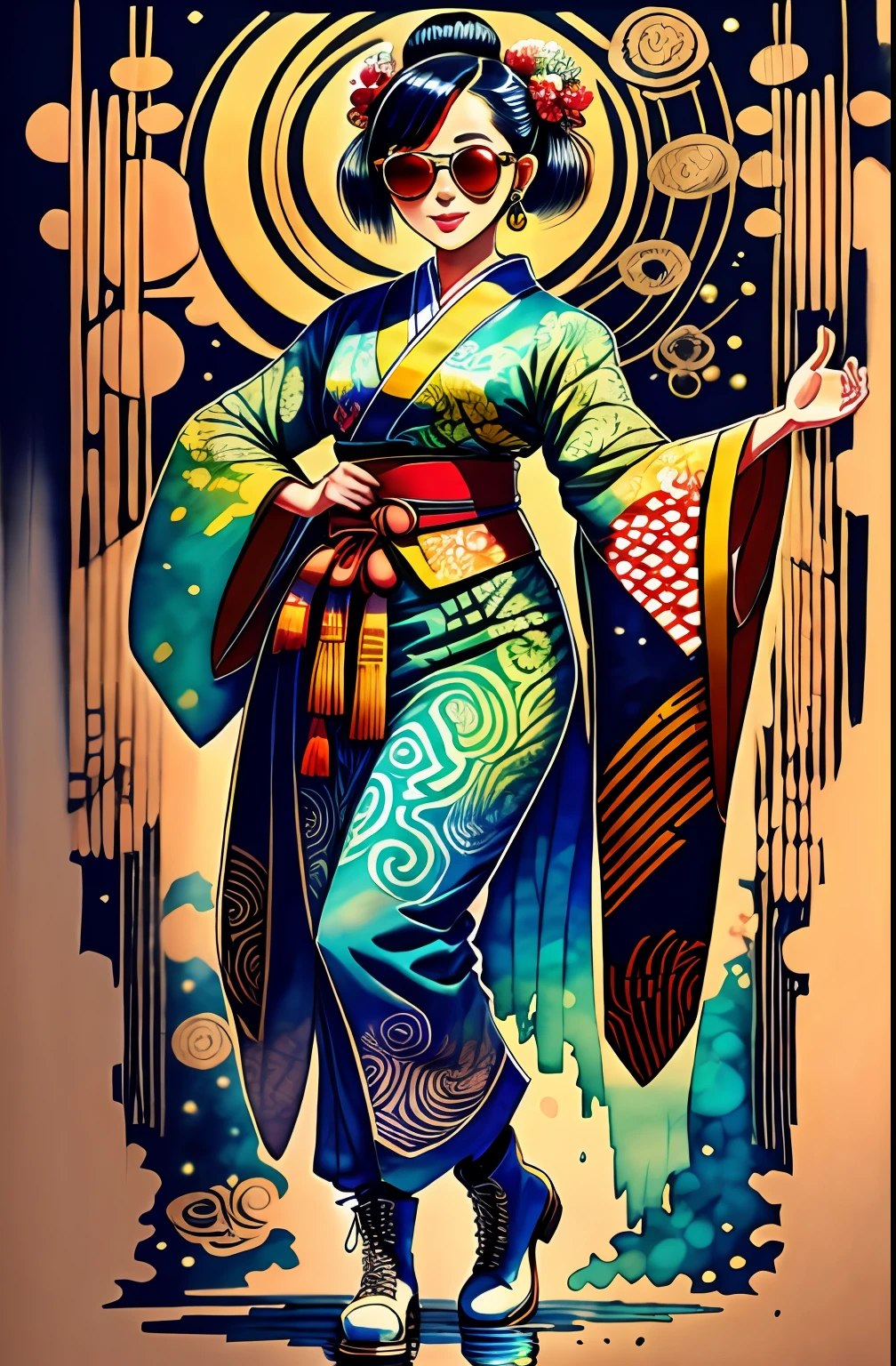 "Full body, water colors, ink drawing, beautiful Indonesian woman, kimono batik patterns, wearing smart digital sunglasses, smart digital boots, (Full Body Shot), Indonesian Batik background, in the style of Indonesian Batik Culture, Indonesian Art