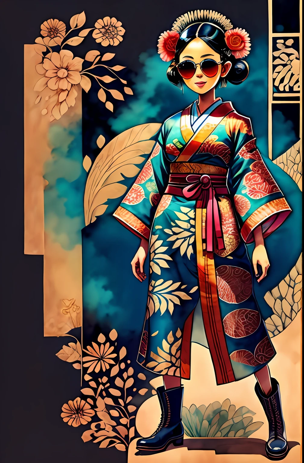 "Full body, water colors, ink drawing, beautiful Indonesian woman, kimono batik patterns, wearing smart digital sunglasses, smart digital boots, (Full Body Shot), Indonesian Batik background, in the style of Indonesian Batik Culture, Indonesian Art