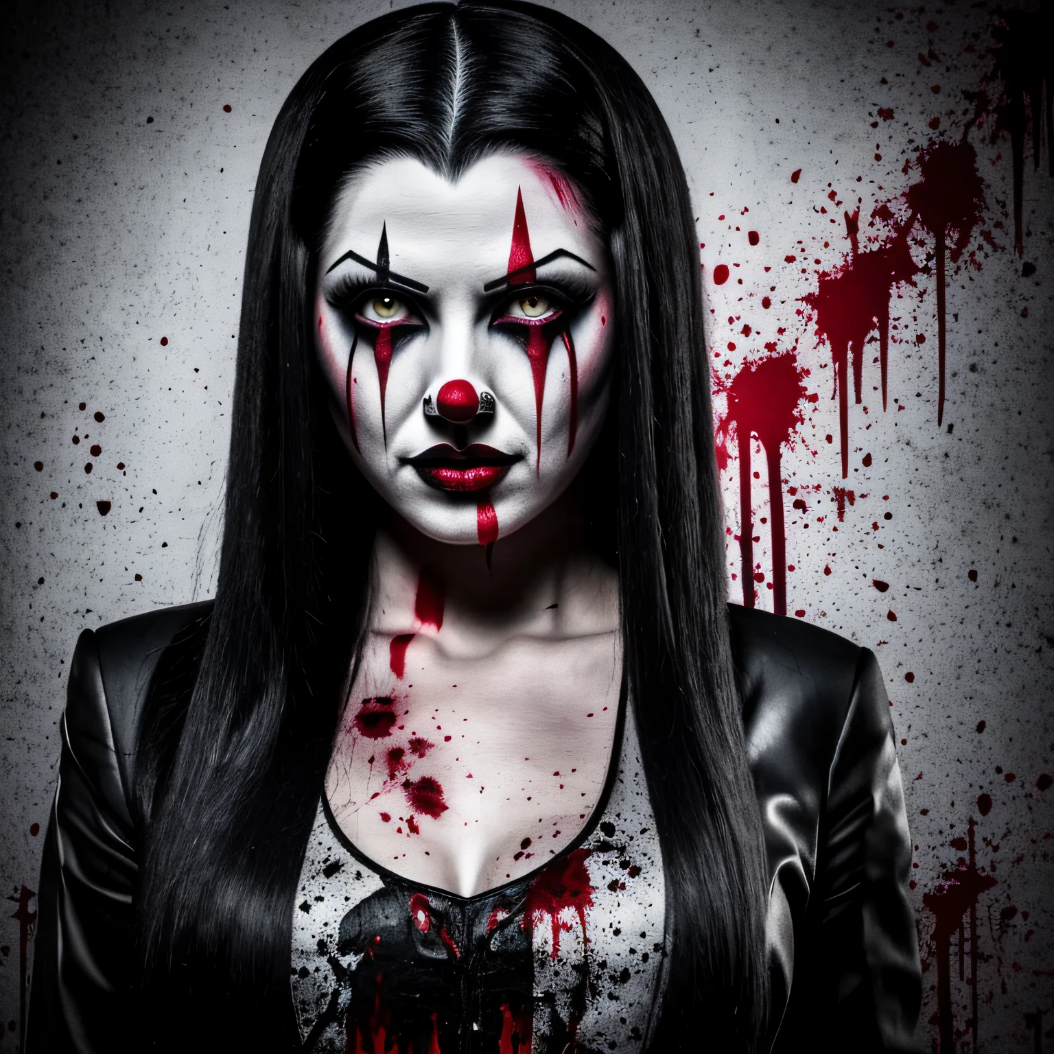 killer woman with clown makeup, with long black hair, with blood on her face, with psycho expression, in HP Lovecraft style --auto