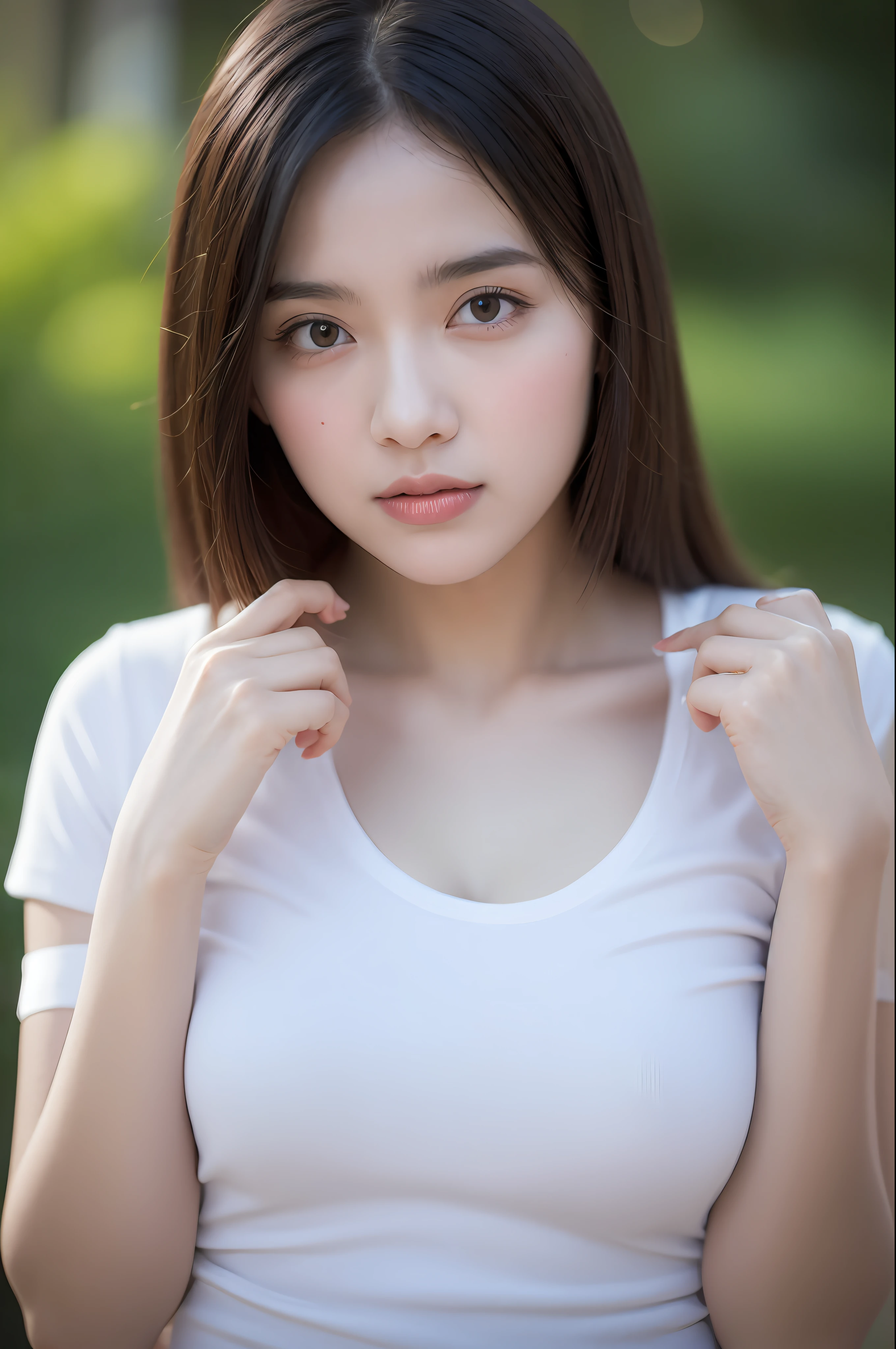 best quality, masterpiece, 1 girl, beautiful face, (photo photorealistic:1.3), edge lighting, (high detail skin:1.2), 8k ultra hd, dslr camera, high quality, high resolution, 4k, 8k, bokeh, ridiculous, best ratio four fingers and one thumb, (realistic:1.3), cute 1girl, wearing white t-shirt, medium breasts, white short skirt,