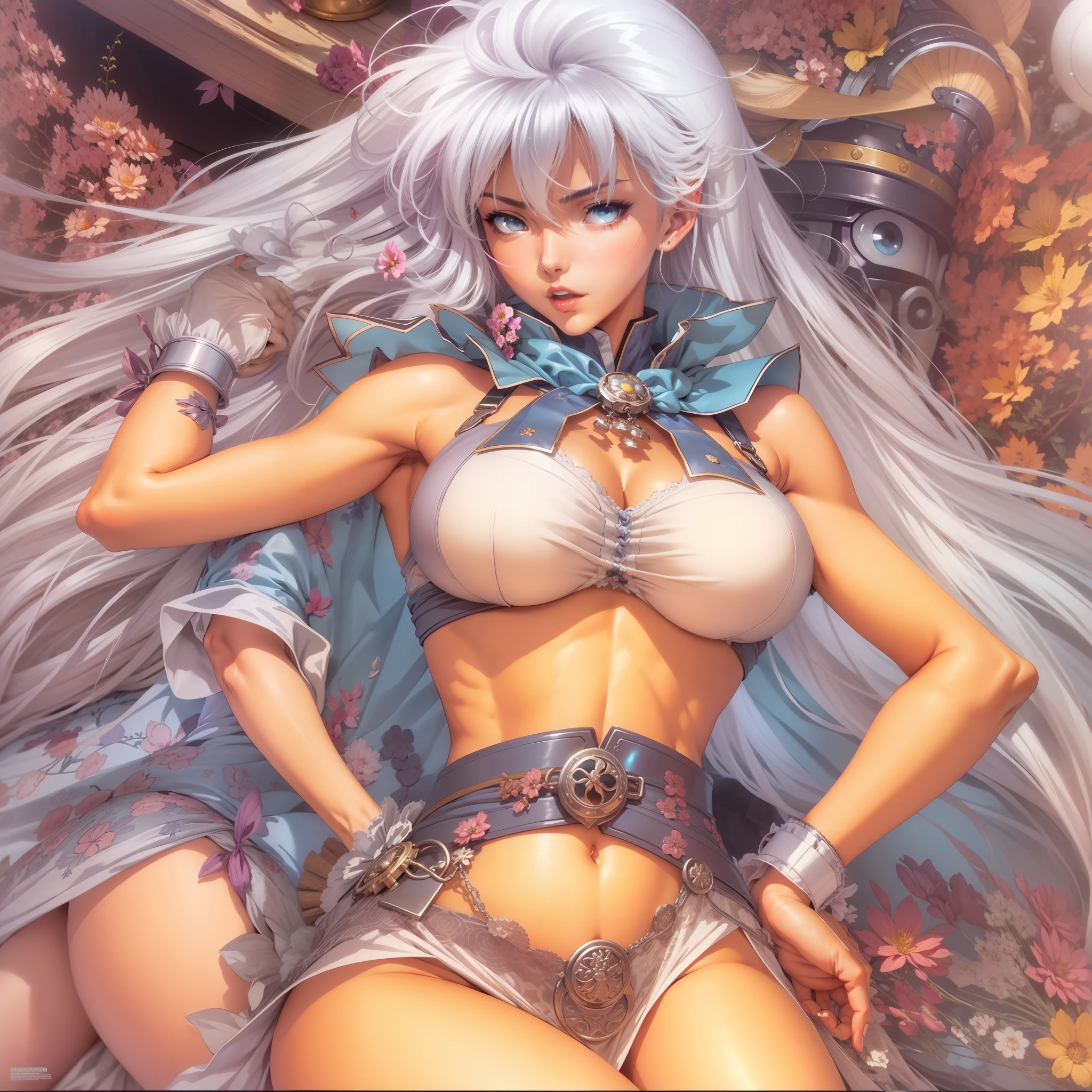 a close up of a woman in a dress with a large breast, full color manga cover, style of masamune shirow, manga comic book cover, by Masamune Shirow, white haired deity, inspired by Masamune Shirow, doujin, japanese comic book, full color manga visual style, manga cover style, manga cover, ecchi