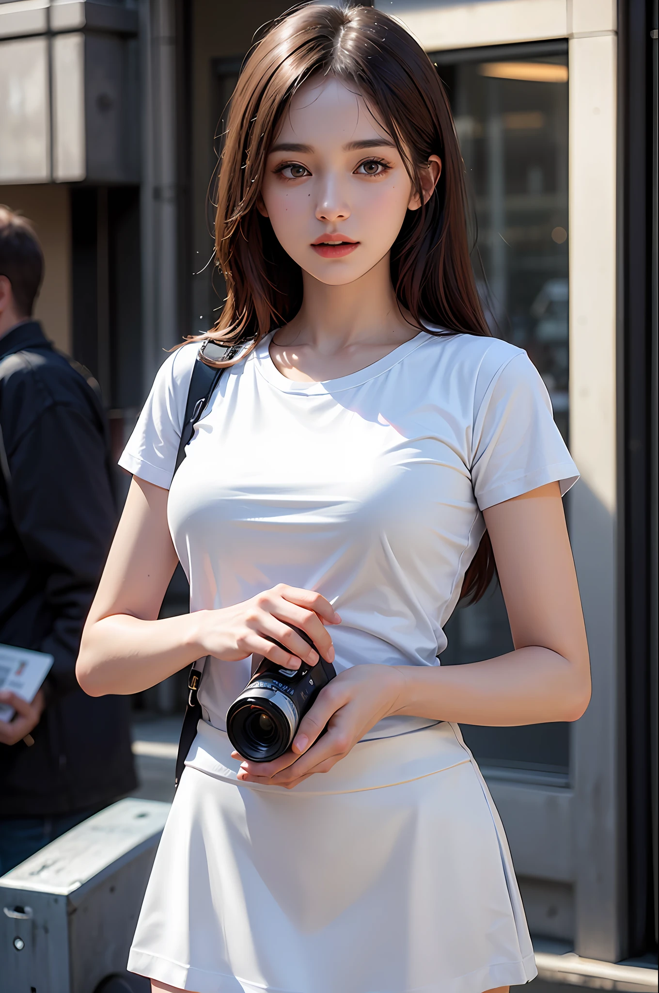 best quality, masterpiece, 1 girl, beautiful face, (photo photorealistic:1.3), edge lighting, (high detail skin:1.2), 8k ultra hd, dslr camera, high quality, high resolution, 4k, 8k, bokeh, ridiculous, best ratio four fingers and one thumb, (realistic:1.3), cute 1girl, wearing white t-shirt, medium breasts, white short skirt,