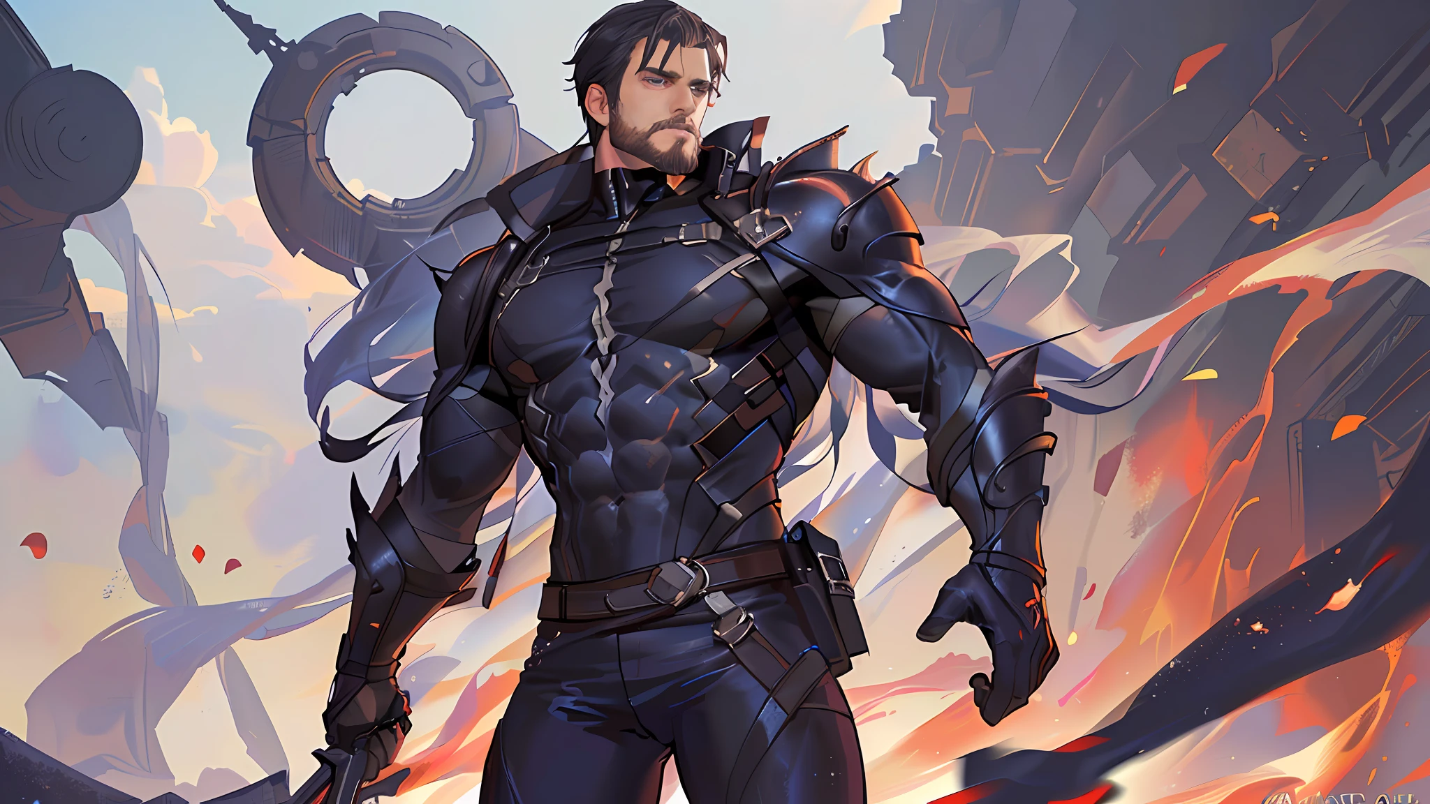 "An impeccable masterpiece with the highest quality, showcasing an ultra high-resolution, detailed background. In the foreground, a captivating solo scene featuring a mature, muscular bara character with facial hair and thick thighs, exuding raw masculinity and confidence."
