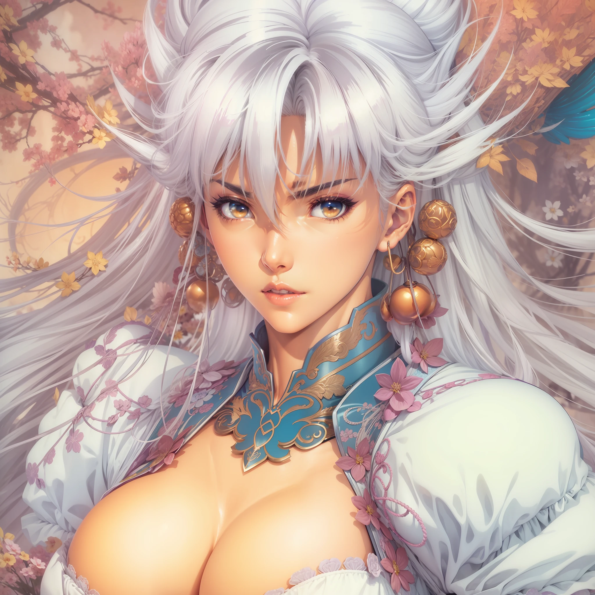 a close up of a woman in a dress with a large breast, full color manga cover, style of masamune shirow, manga comic book cover, by Masamune Shirow, white haired deity, inspired by Masamune Shirow, doujin, japanese comic book, full color manga visual style, manga cover style, manga cover, ecchi