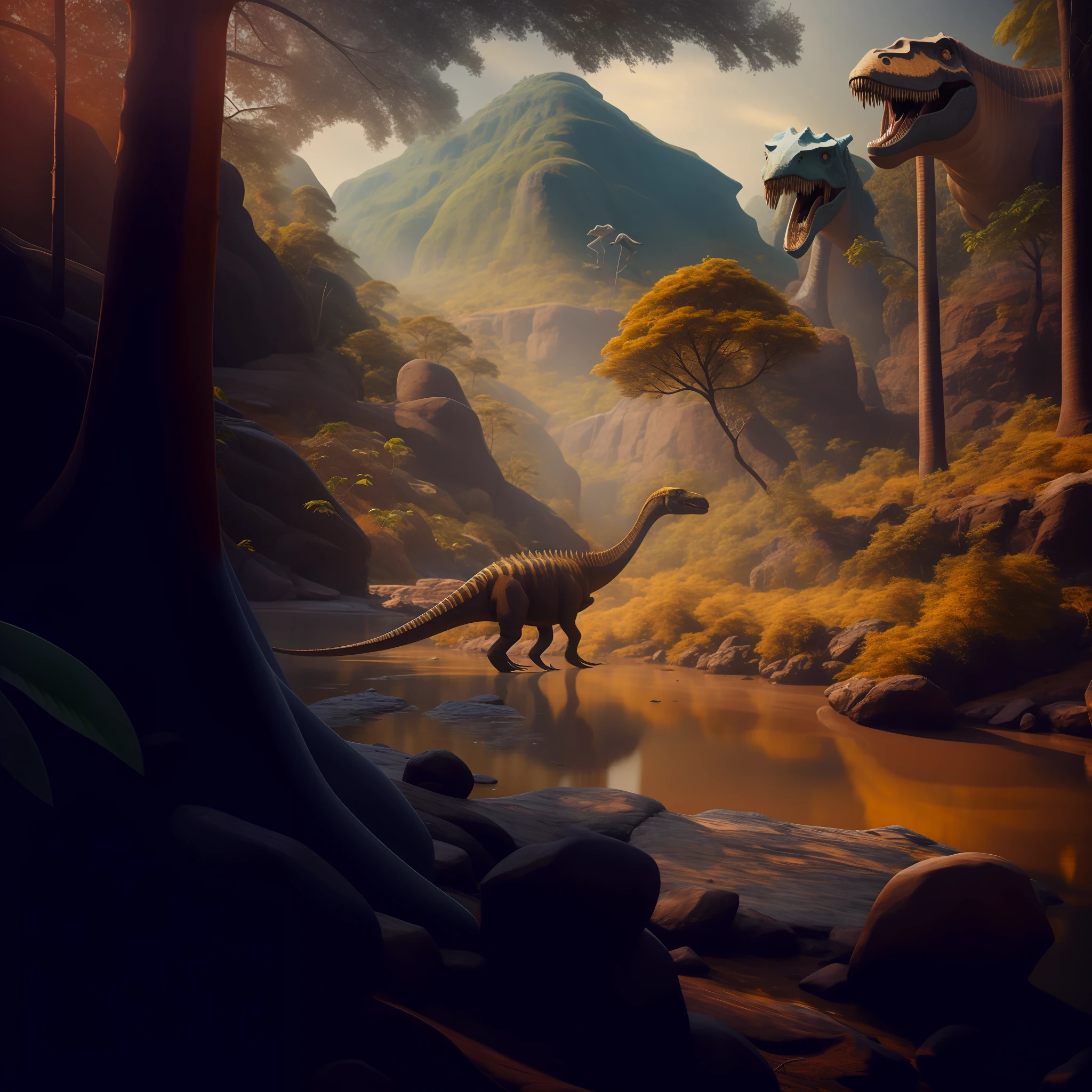 um grande dinossauro caminhando por uma floresta ao lado de um rio, fotografia realista paleoarte, paleoartee realista, paleoarte, Arte digital altamente detalhada em 4k, 8k arte detalhada de alta qualidade, pintura digital altamente detalhada, at the time of dinosaurs, aventura render hiper realista, pintura digital altamente detalhada, 8k resolution digital painting, 8k resolution digital painting, Jurassic image
