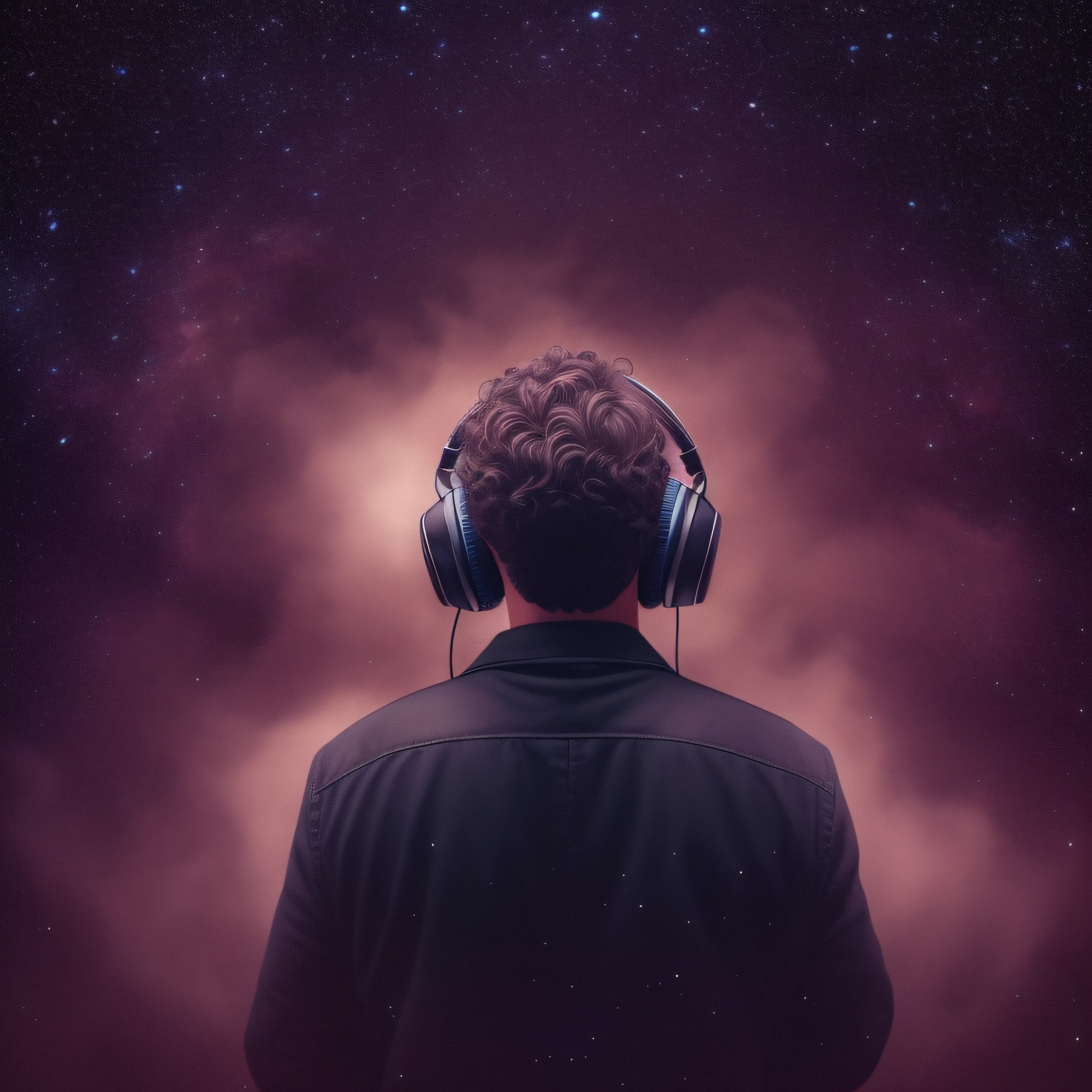 Mature man with short curly hair and large headphones over ears, from above and the back, on a smokey wide open stage facing a starry night. Photographic, cinematic, vintage
