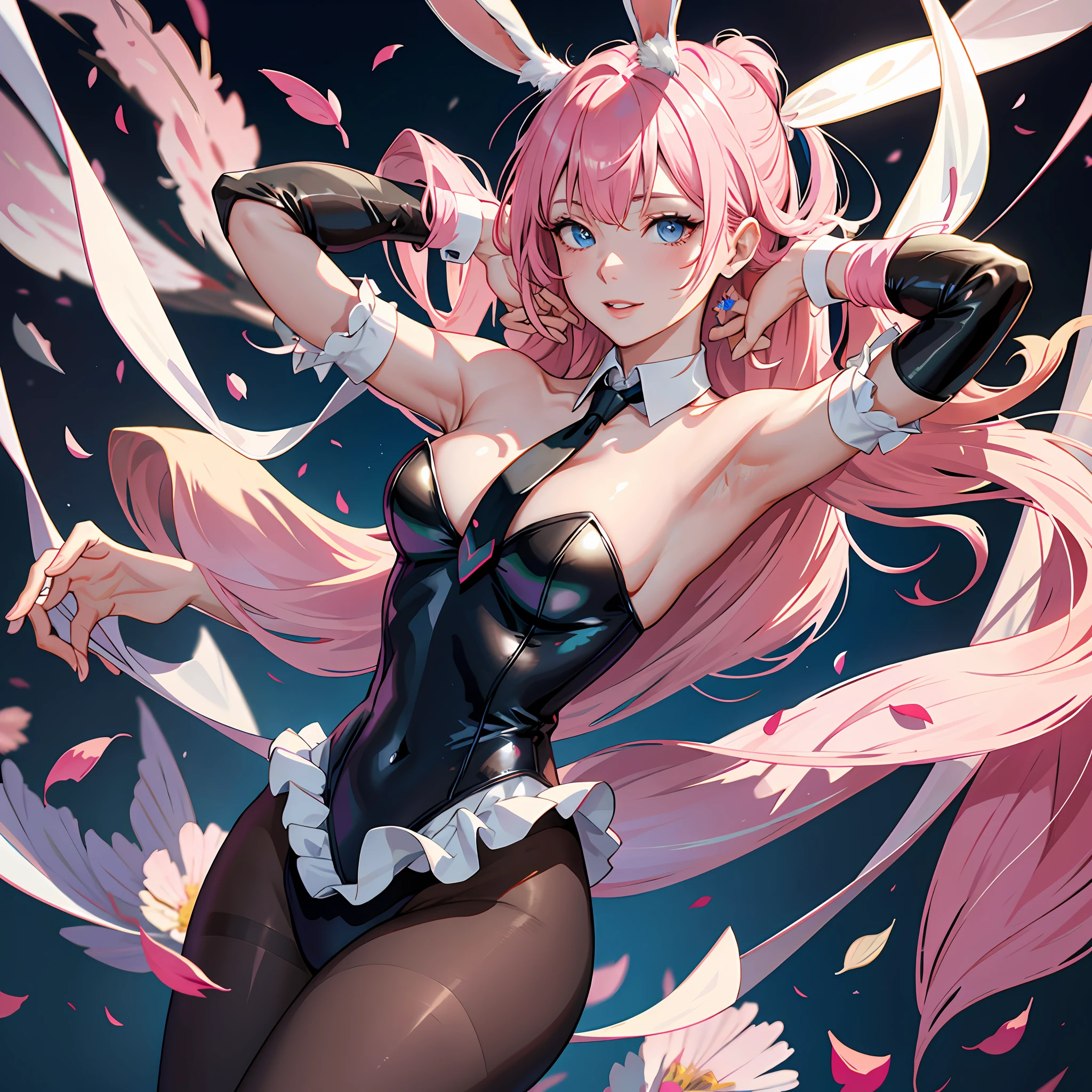 1girl, animal_ears, armpits, arms_up, bare_shoulders, between_breasts, black_leotard, black_necktie, blue_eyes, bow, breasts, cherry_blossoms, cleavage, confetti, detached_collar, fake_animal_ears, falling_petals, heart, leotard, long_hair, looking_at_viewer, medium_breasts, necktie, pantyhose, parted_lips, petals, petals_on_liquid, pink_hair, playboy_bunny, rabbit_ears, rabbit_tail, rose_petals, smile, solo, strapless, tail, wrist_cuffs
(Masterpiece, Hypermaximalist, Maximalism, Best Quality, 8k, Highres, Absurdres, 4k, High Quality, Ultra High Res, Highest Quality, Ultra Detailed, 8k Uhd, Realistic, Highly Detailed, Ultra-Detailed:1.0),
(Cinematic Lighting, Hdr, Raw Photo, Sharp Focus, Photorealistic, Realistic:1.0),