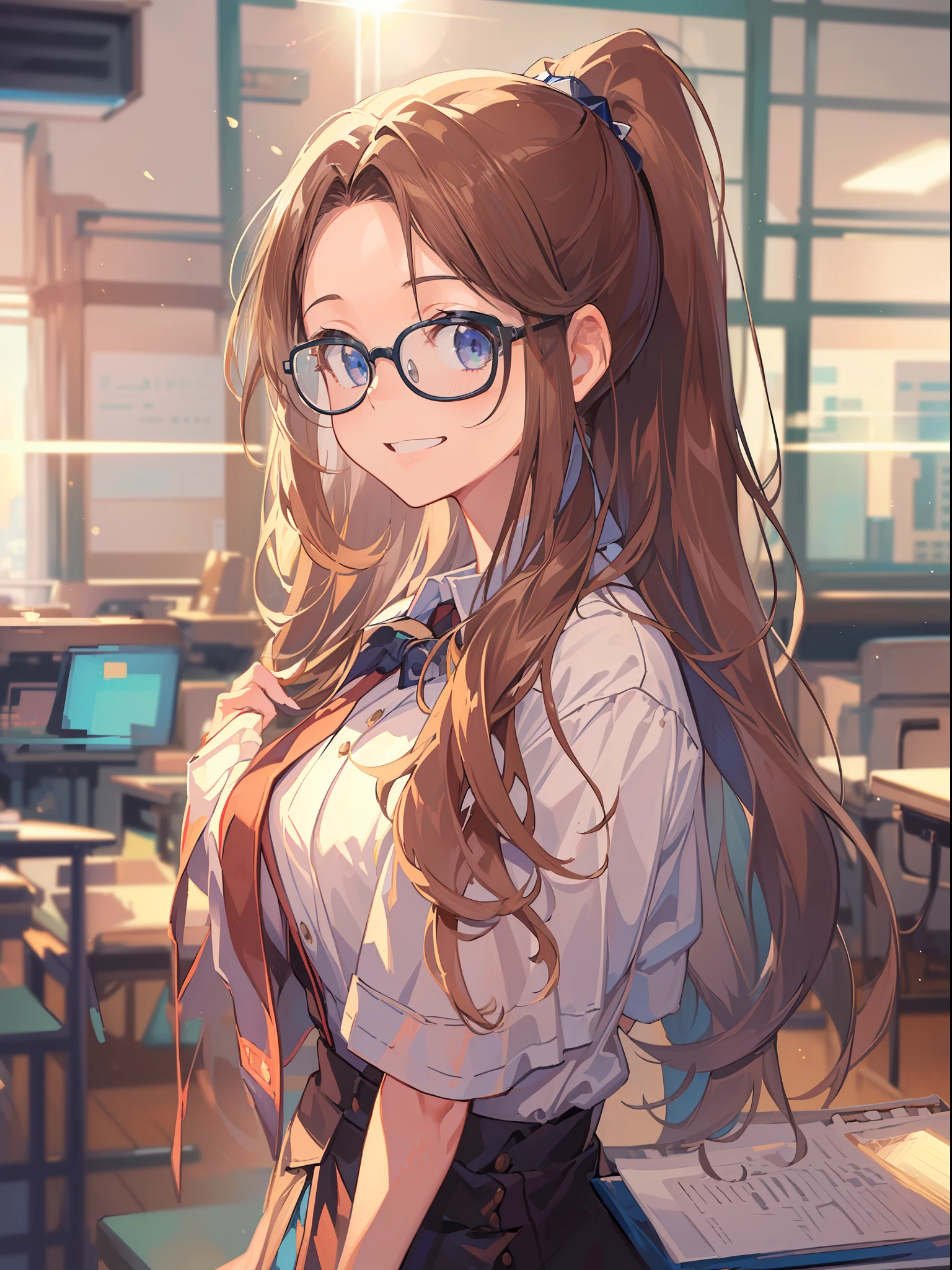 (((Masterpiece))),(((Best quality))),(((Amazing detail))),((illustration)),((A high resolution)),((8K)),((Anatomically correct)),Brown long hair,High ponytail,Delicate hair,a matural female,black-frame glasses,Light smile,adjusting eyewear,angle of view,Anime,Depth of field,Classroom Background,Sunset,Soft light,From above,Lens flare