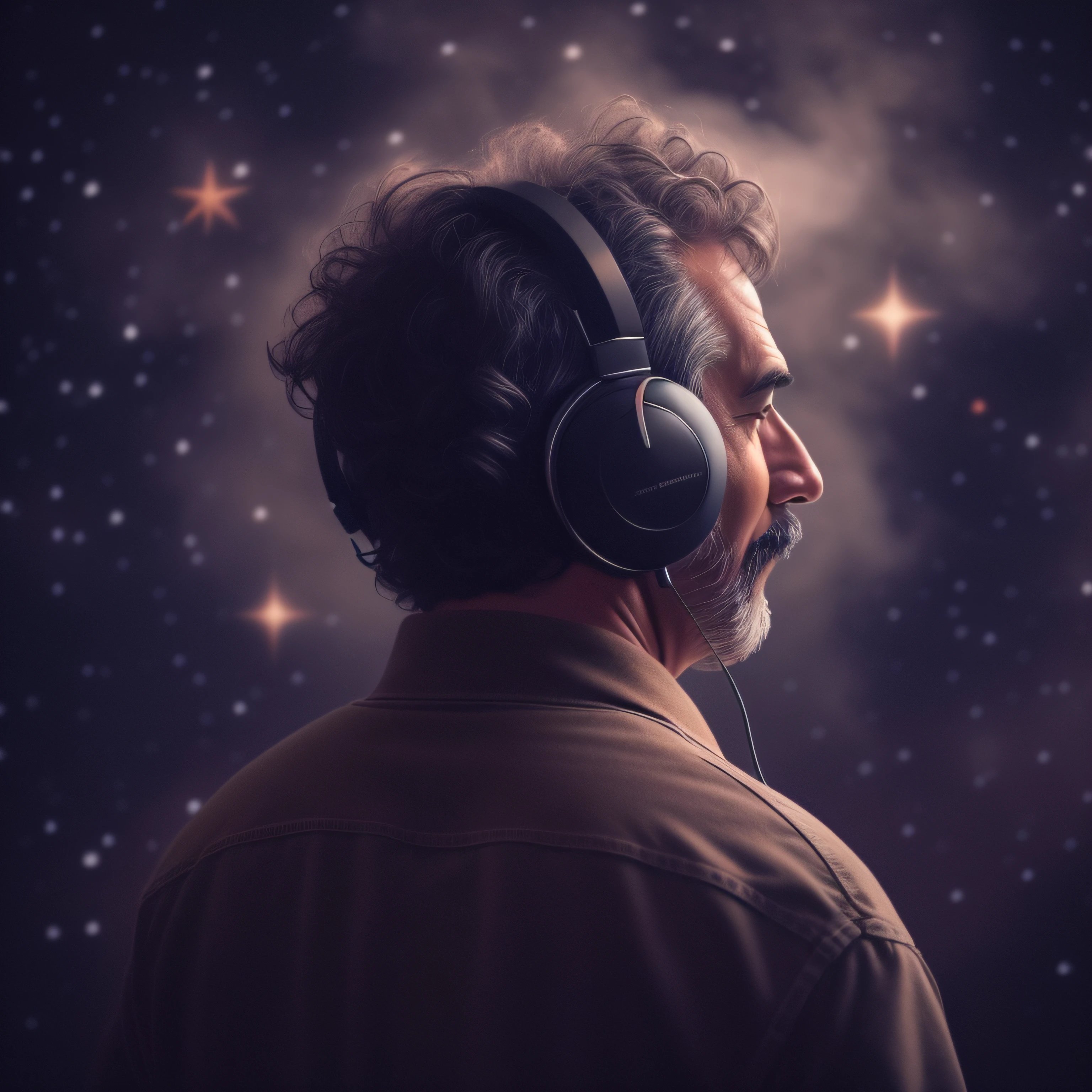 Mature man with short curly hair and large headphones over ears, from above and the back, on a smokey wide open stage facing a starry night. Photographic, cinematic, vintage