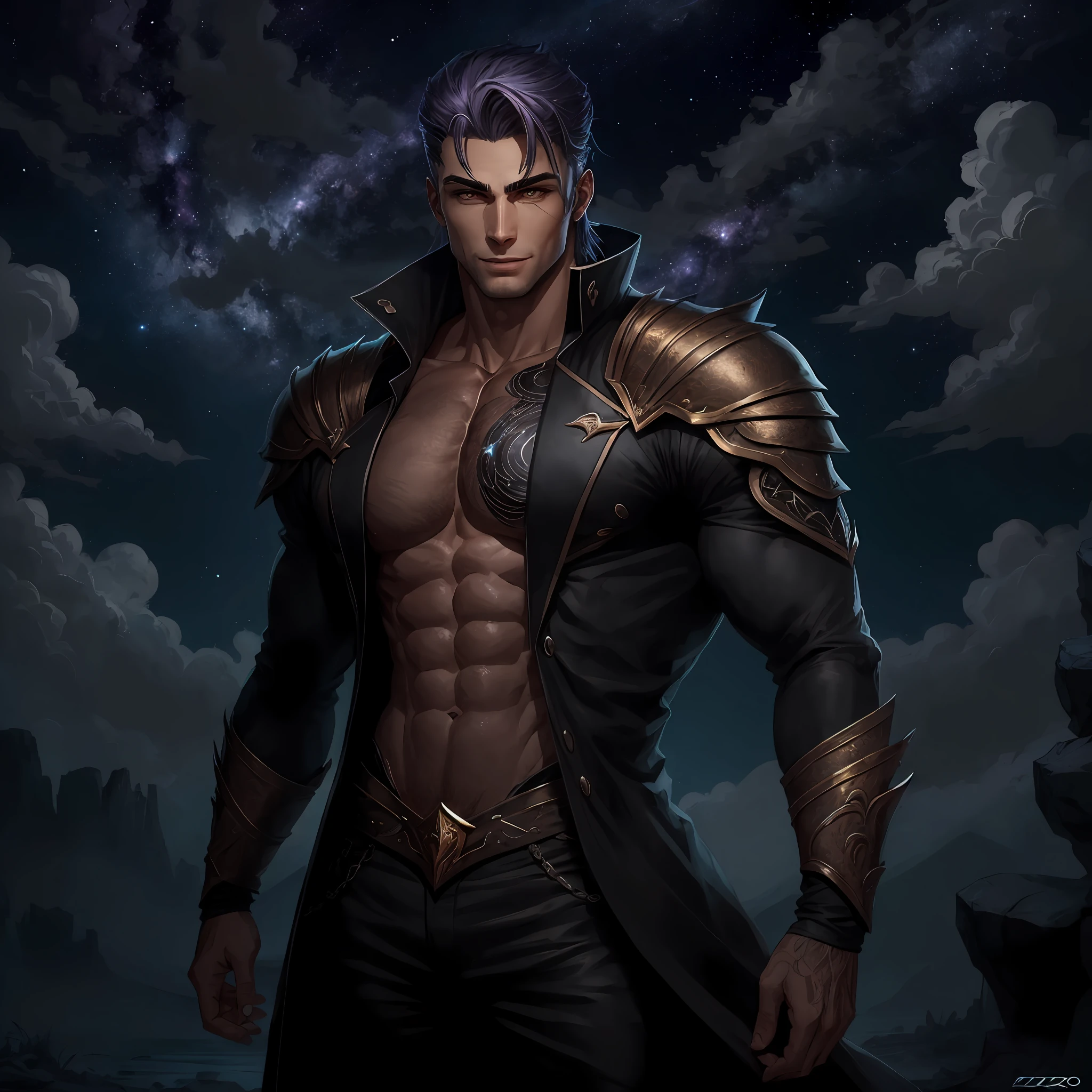 Um homem com olhos violeta salpicados com estrelas, de natureza elfica, bronzeado, com cabelos pretos-azulados como a noite, an impeccable jaw line, nariz perfeito, rosto cativante, sorriso estonteante, Dressed in beautiful black clothes, alto e musculoso, A beautiful grand lord of the night --auto