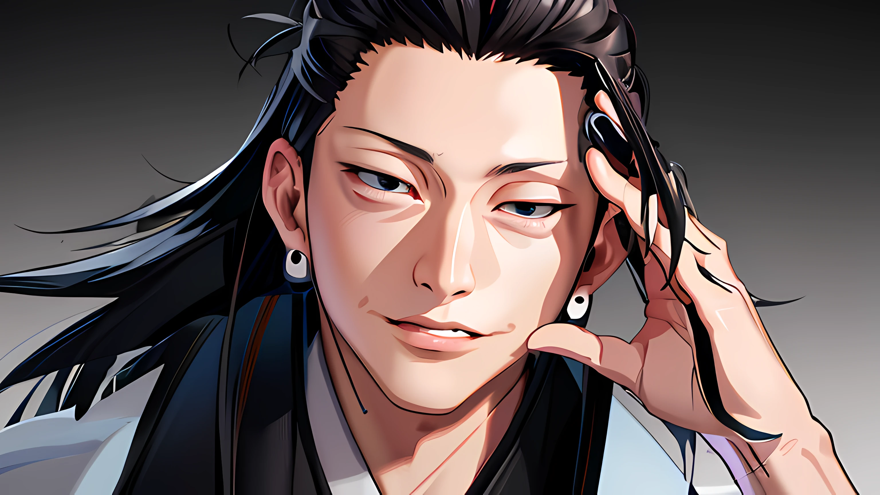 realistic anime artstyle, hair detailed, oil paint, suguro geto, jujutsu kaisen, black hair, detailed eye, detailed nose, realistic, black eye, realistic, detailed black eye