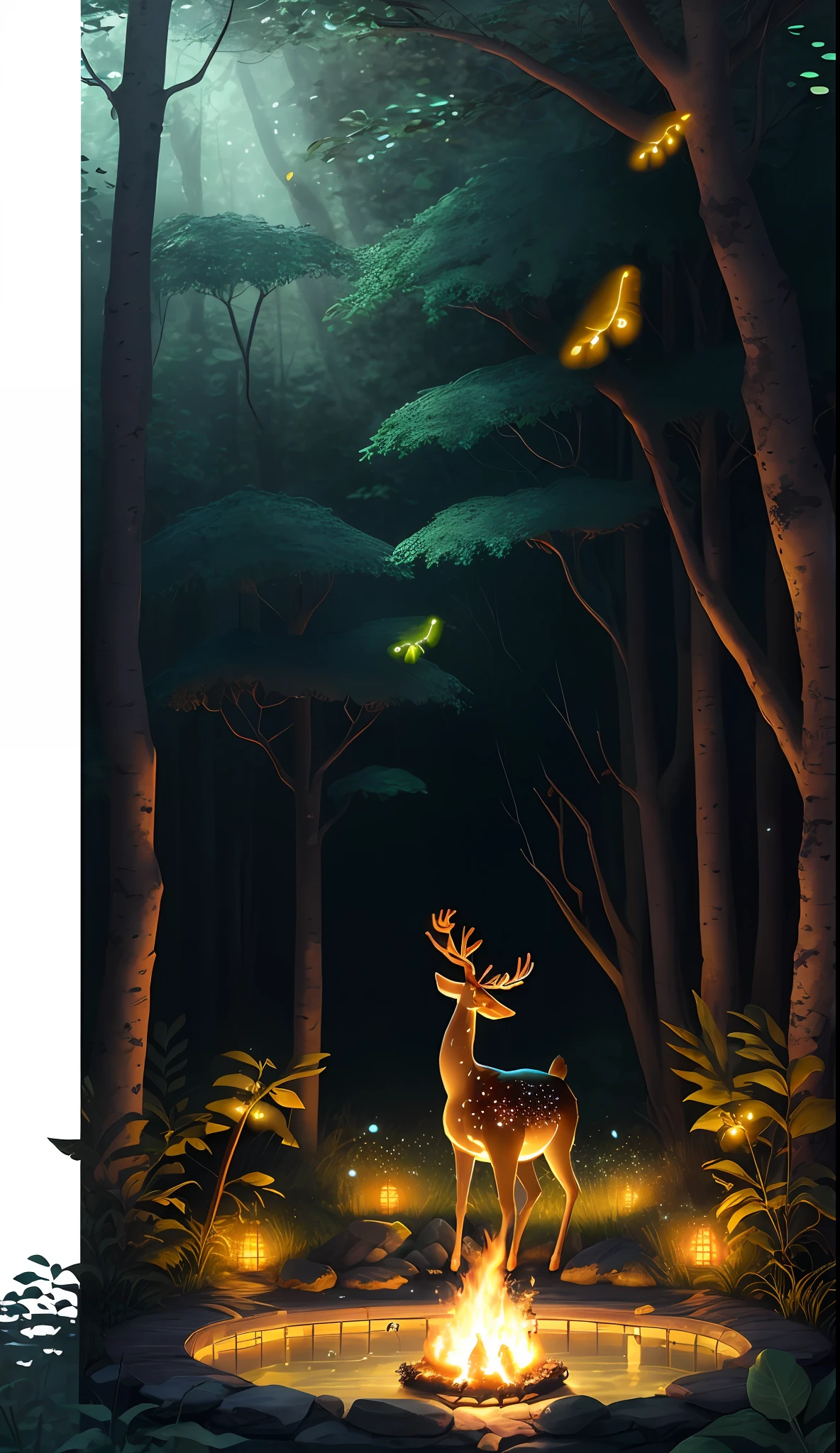 Masterpiece, best quality, (very detailed CG unity 8k wallpaper), (best quality), (best illustration), (best shadows), glow sprite, with a glowing deer, in the swimming pool Drinking water, natural elements in the forest theme. Mysterious forest, beautiful forest, nature, surrounded by flowers, delicate leaves and branches surrounded by fireflies (natural elements), (jungle theme), (leaves), (twigs), (fireflies), (particle effects) etc. 3D , Octane rendering, ray tracing, super detailed