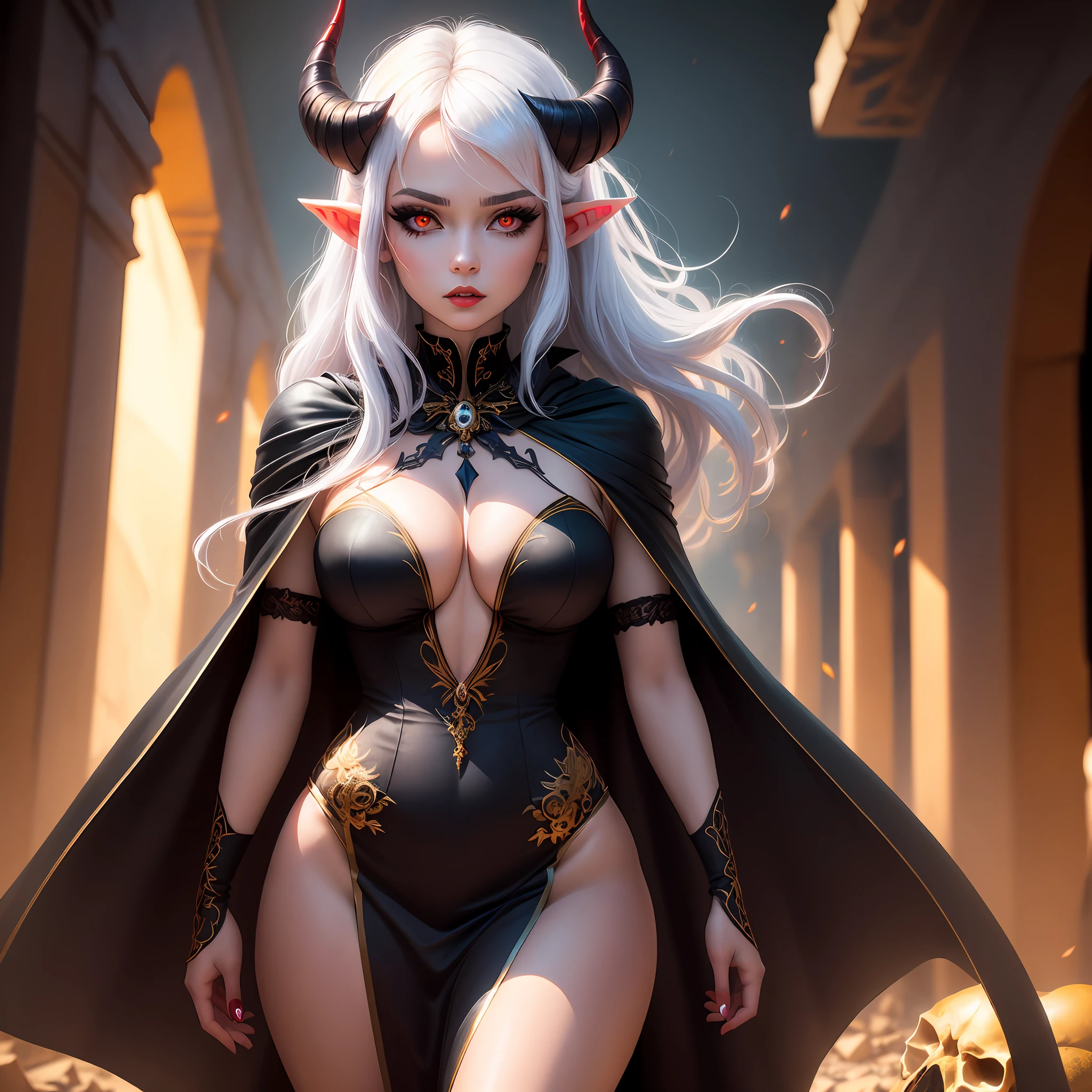 (masterpiece, best quality:1.4), (beautiful, aesthetic, perfect, delicate, intricate:1.2), (cute, adorable), (depth of field:1.2), cinematic shot, (1girl, solo), perfect female form, (perfect face, detailed face, full lips, glossy lips, black eyeshadow, eyeliner, expressive eyes, red glowing eyes. pointy ears), (long straight white hair), (huge natural breasts, narrow waists), (a demon woman with long curved horns), detailed delicate black and gold cape, walking through the ruins, at night, (horror art:1,3), (dark colors:1,2), (fighting sequence), (skull ornaments), (cowboy shot),