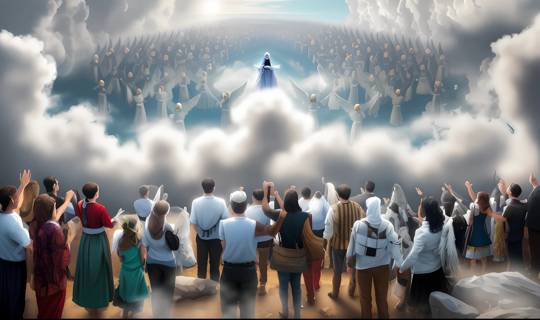 Return of Jesus coming on the clouds of heaven with his male angels. E as pessoas assistindo a esse evento.