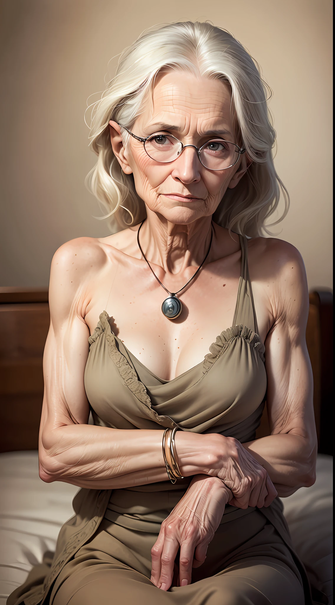 a portrait photograph of a beautiful ((70 year old)) woman, award winning photo, best quality, portrait by annie leibovitz, skinny body, weak body, wrinkled canon 5d mark ii, film, professional photograph, (rich colors:1.1), hyper realistic, lifelike texture, (natural lighting:1.1), (Canon EF 85mm f/1.4L IS USM) --auto