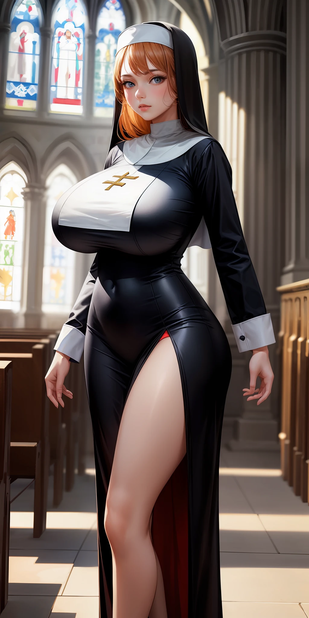 photorealistic, unparalleled masterpiece, perfect female figure, 1girl, standing, sexy pose, Ultra detailed, (masterpiece:1.7), ((1girl)), upright, (huge breast), (32k:1.2), (upscaled:1.2), ((best quality)), nun uniform, church, tigh clothes, beautiful face, smooth thighs, exposed thighs