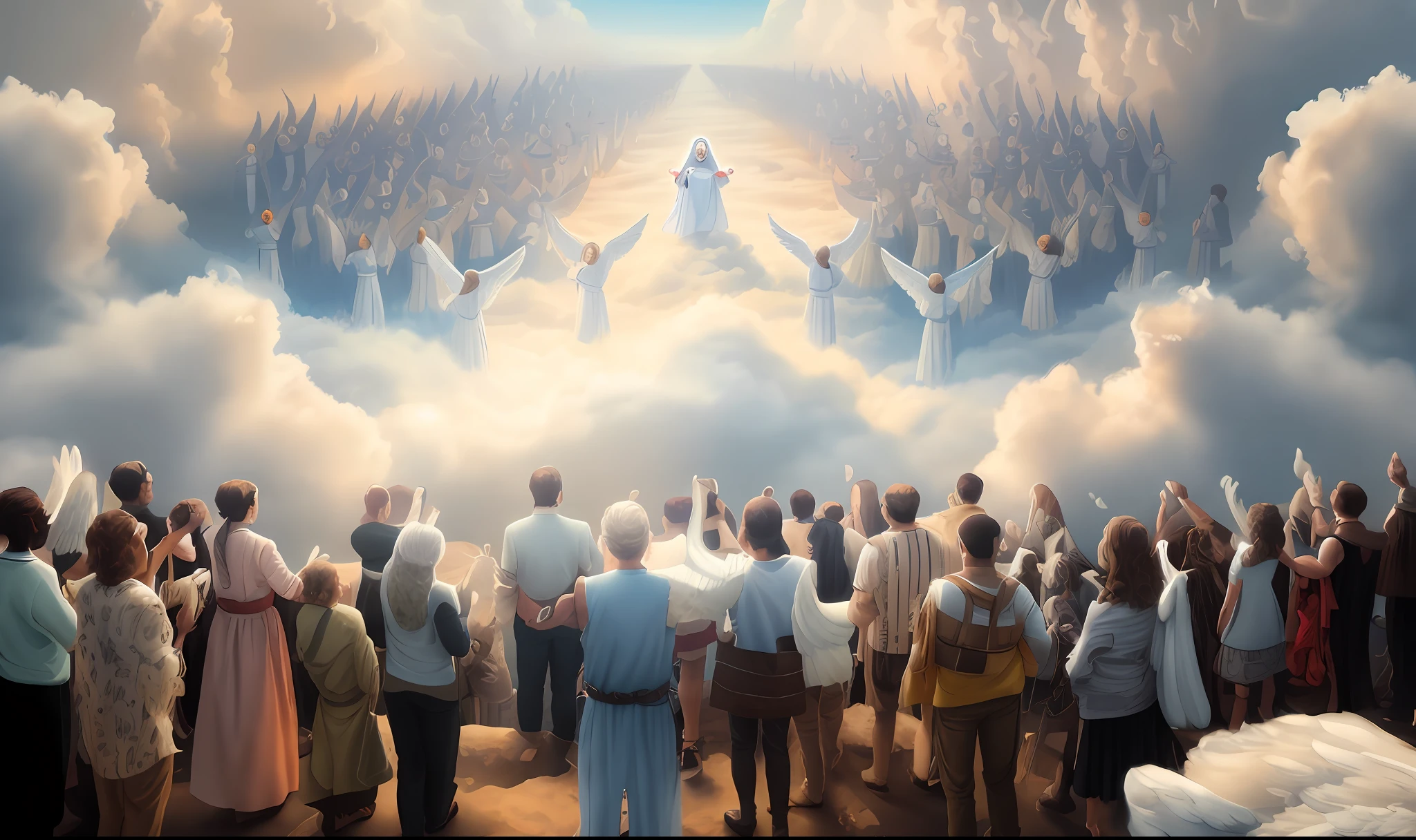 Return of Jesus coming on the clouds of heaven with his male angels. E as pessoas assistindo a esse evento.