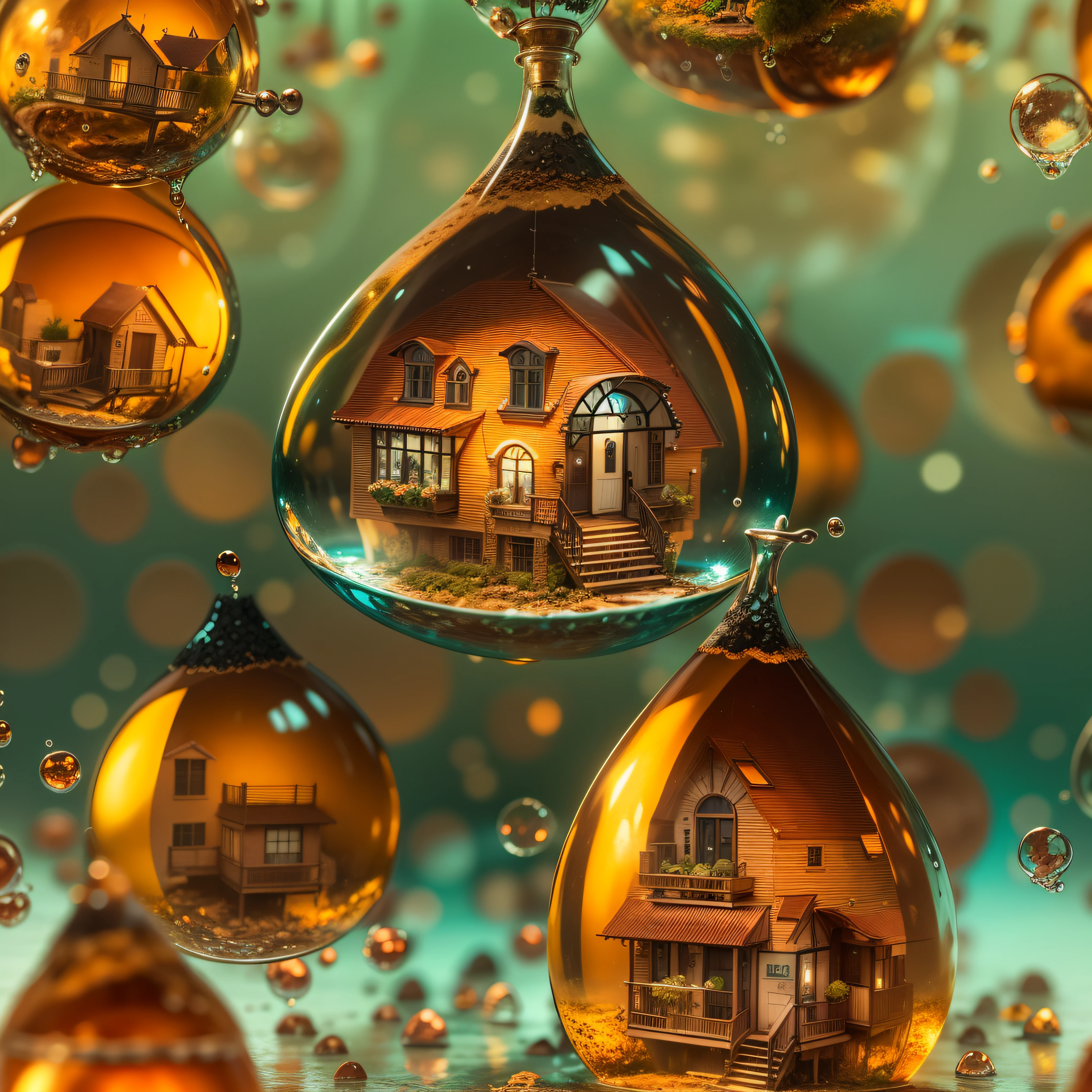 macro photography, Image of a beautiful house inside a water drop, droste effect photography, surreal photography, 3d, bright bold colors, burnt amber, bioluminescence