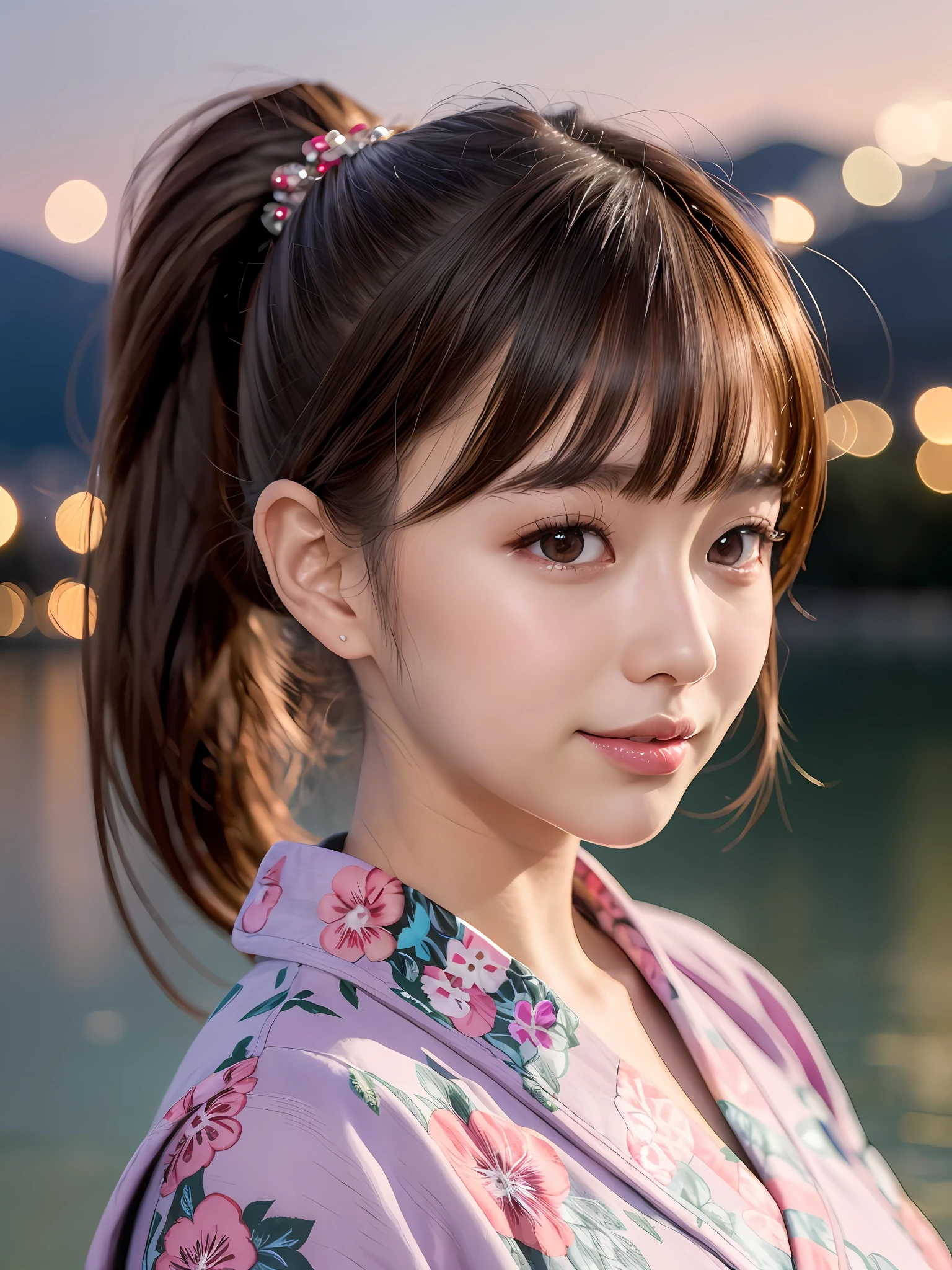 mastepiece, 1 girl per 1 photo, a cowboy shot, a directly in front view, a Japanese young pretty girl, standing alone by a lake surrounded by mountains of a countryside of Japan, a big smile, glamorous figure, wearing a light pink yukata with floral printed, fireworks behind her in the night sky at the fireworks festival, hyper cute face, glossy ips, double eyelids for both eyes, natural makeup, shiny smooth light brown hair of ponytail, hair accessories, asymmetrical bangs, tanned skin, central image, 8K resolution, high detail, detailed hairstyle, detailed face, cinematic lighting, octane rendering, hyper realistic, perfect limbs, perfect anatomy