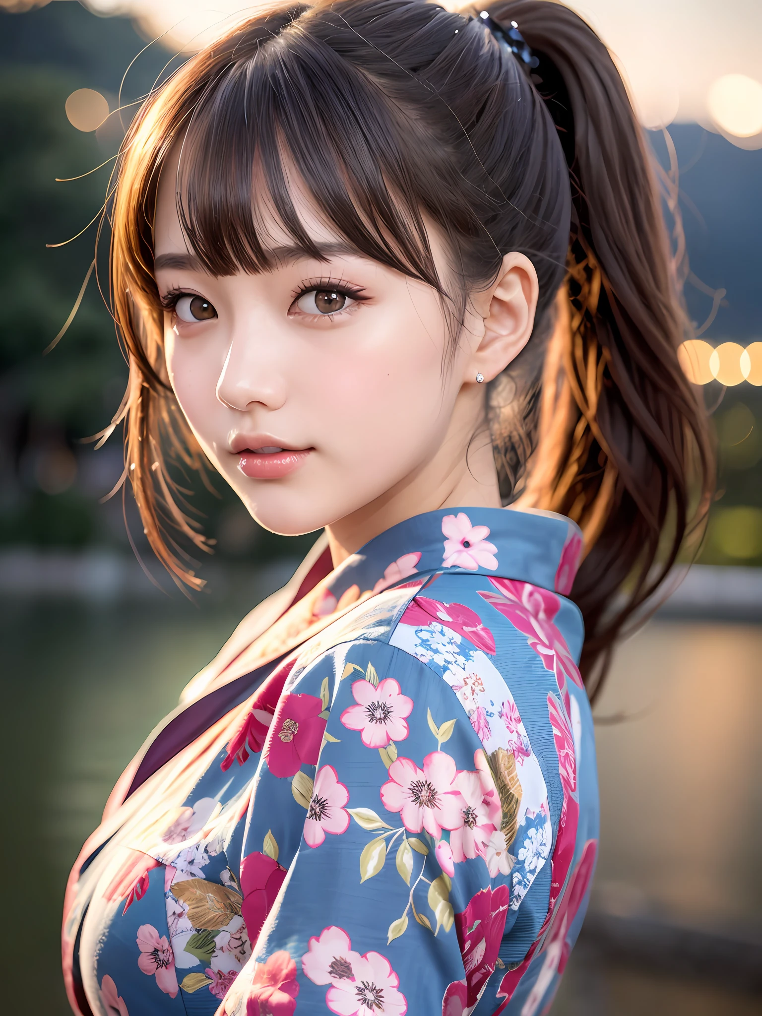 mastepiece, 1 girl per 1 photo, a cowboy shot, a directly in front view, a Japanese young pretty girl, a short length ponytail, standing alone by a lake surrounded by mountains of a countryside of Japan, a big smile, glamorous figure, wearing a light pink yukata with floral printed, fireworks behind her in the sky of the night at the fireworks festival, hyper cute face, glossy lips, double eyelids for both eyes, natural makeup, shiny smooth light brown hair, hair accessories, asymmetrical bangs, tanned skin, central image, 8K resolution, high detail, detailed hairstyle, detailed face, cinematic lighting, octane rendering, hyper realistic, perfect limbs, perfect anatomy